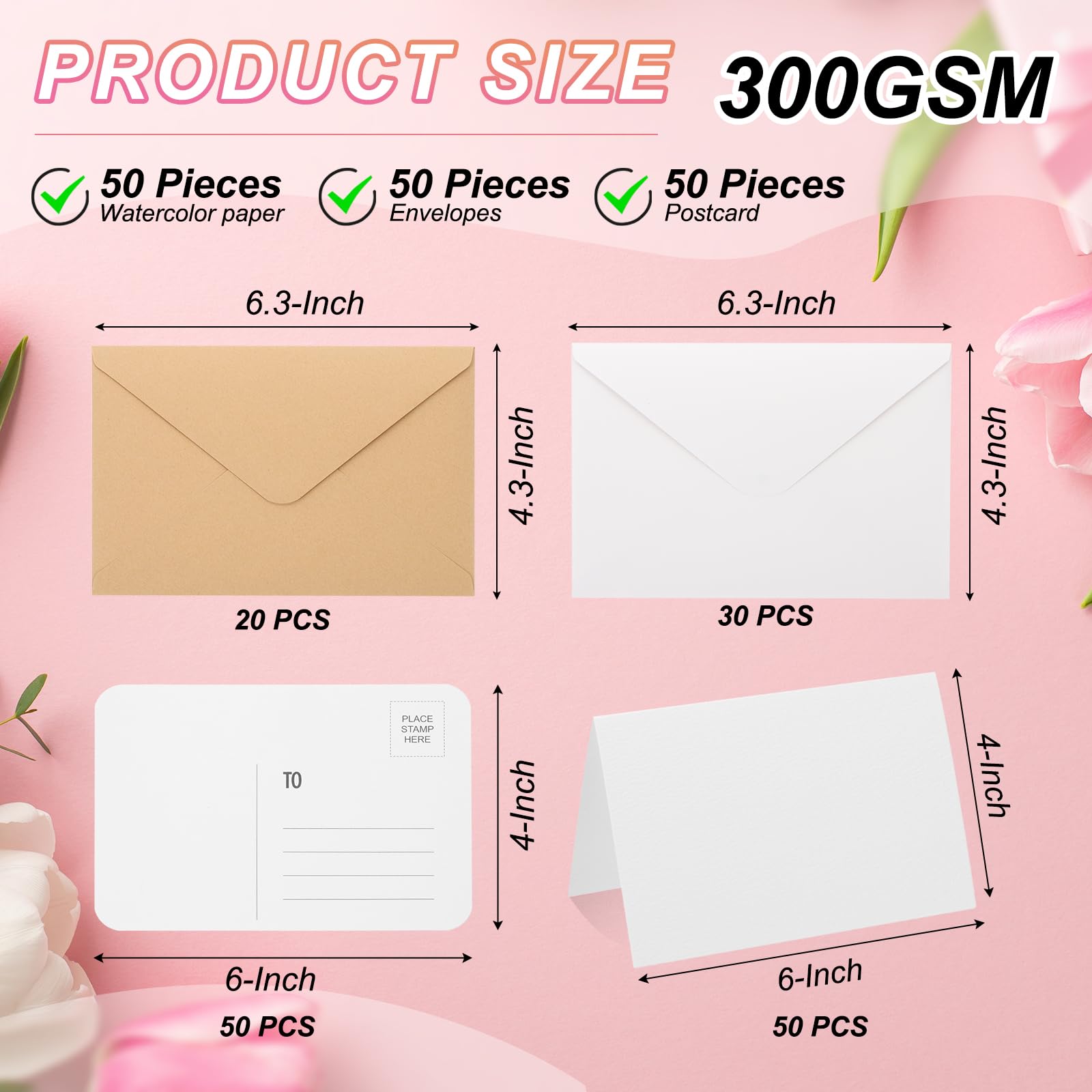 PATIKIL 50 Pack 4x6 Inch Foldable Watercolor Cards with Envelopes, 50 Pack Round Corners Postcards, 140lb/300 GSM Pure Cotton Paper for Art Painting Creative Thank Note