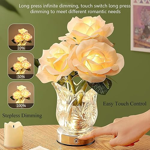 Miniatura 2 de Lámpara de rosa artificial con jarrón de cristal, lámpara inalámbrica recargable con control táctil, lámpara de mesa regulable, lámpara de noche de
