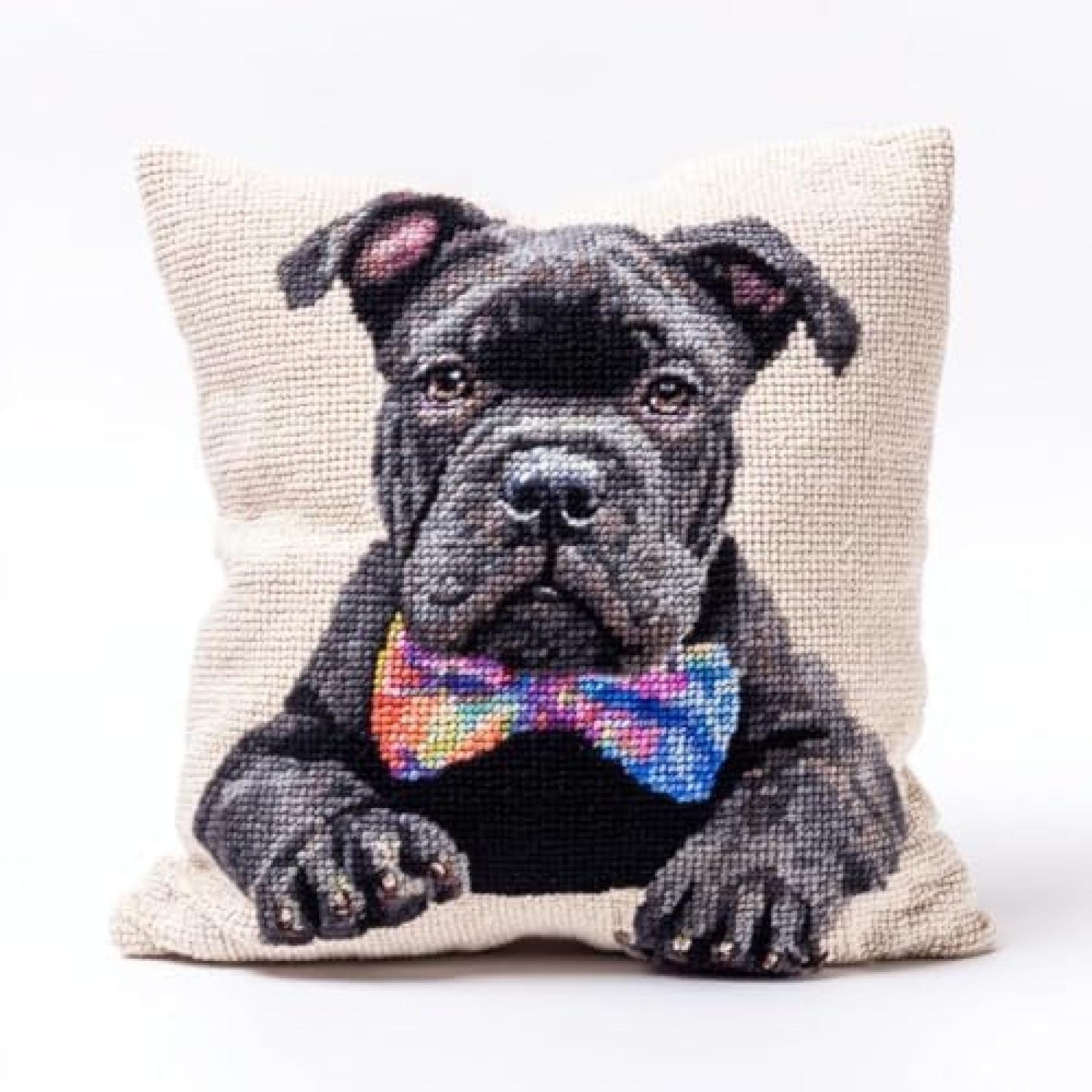 kitphoenix DIY Latch Hook Cushion Cover Kit for Adults Beginners,Cane Corso Dog Bow Tie,Pre-Printed Canvas with Yarn and Hook,43x43 cm Handmade Home Décor Craft Set