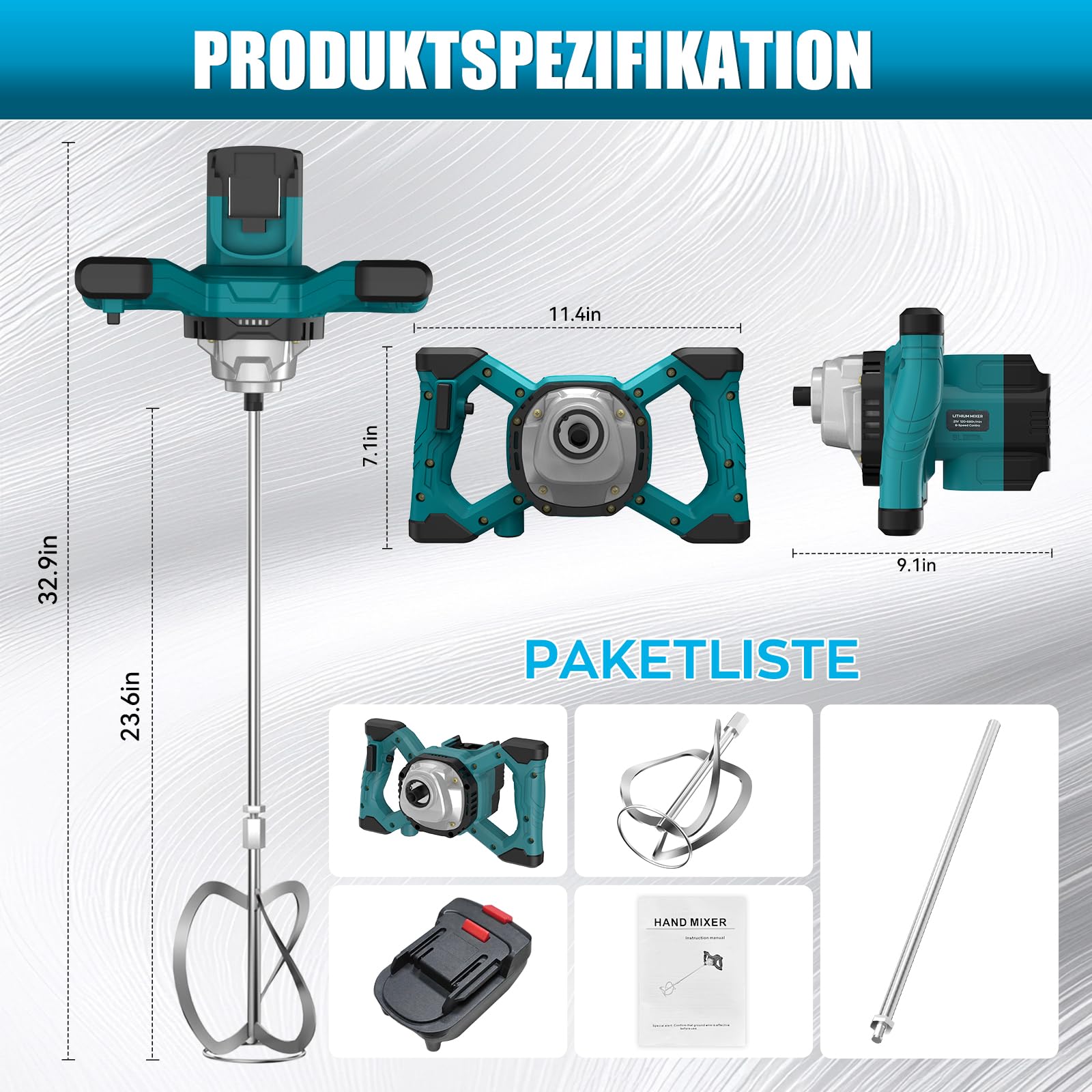 IMAYCC 1000W Kabellose Mörtelrührer Elektrischer Betonmischer,21V Rührwerk Beton Mit 6-Gang-Drehzahlregulierung,Quirl Mörtelrührer M14,Rührgerät Mörtel Für Mischen,Zemen (Keine Batterie Enthalten)