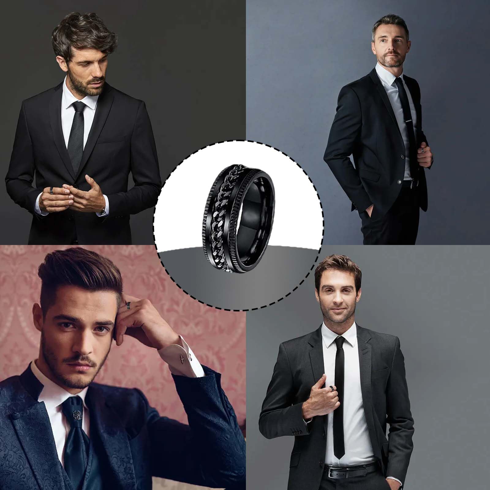9 sztuk męskich pierścionków, fajny czarny pierścień, bransoletka w kształcie ogniwa, pierścionek fidget ring, zestaw pierścionków spinningowych, obrączki ślubne, czarne pierścionki dla