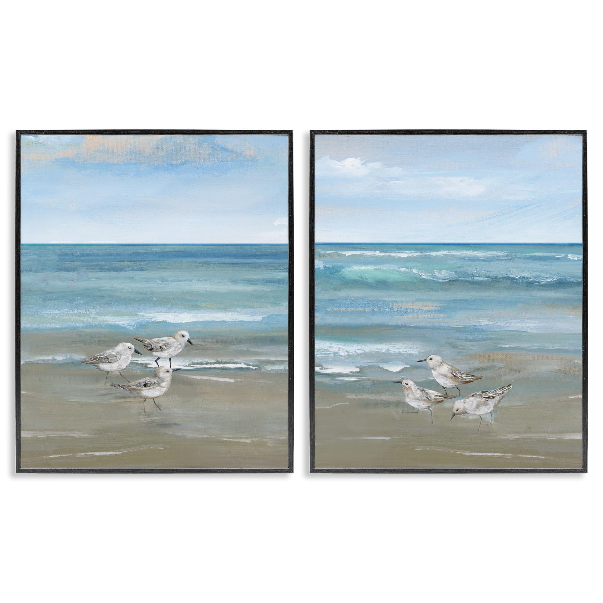 Stupell Industries Midnight Black (Textured) 'Seaside Sanderlings At Dawn', 2Pc Framed Giclee Art Set 2, Black, 24 X 30 Inches, Easy To Hang And Sturdy, Made In Usa, By Nan