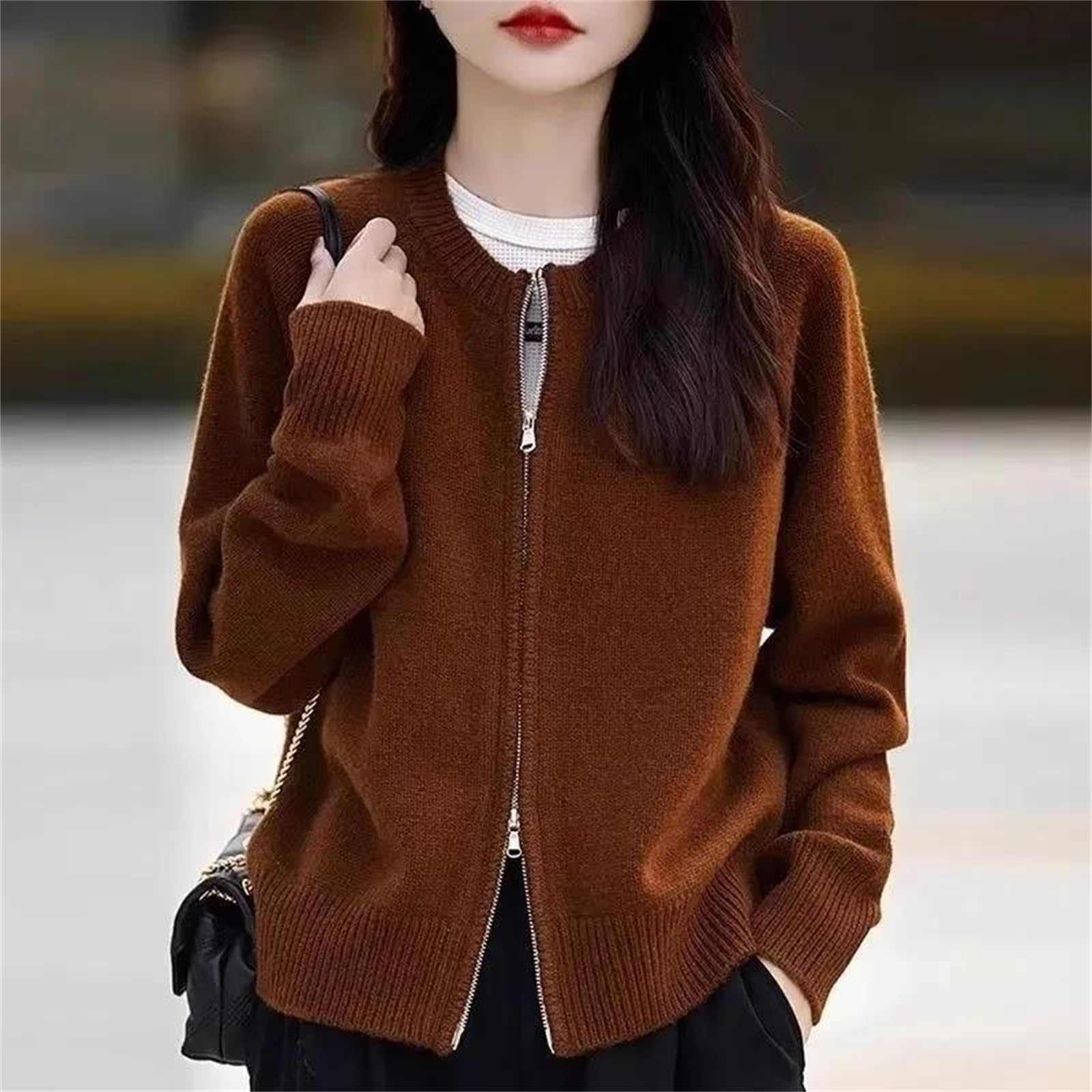 Cárdigan de gran tamaño con doble cremallera para mujer, cuello redondo, manga larga, chaqueta de punto liso, para otoño e invierno, ropa de abrigo casual