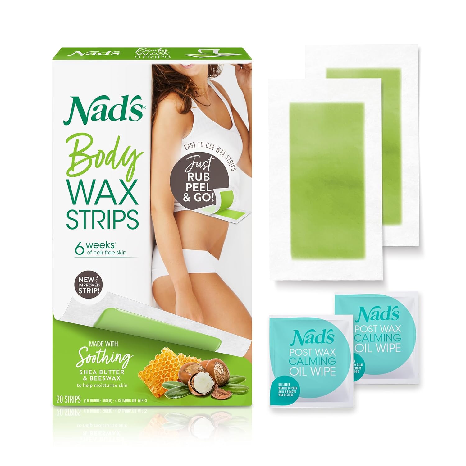 Nad’s Body Wax Strips Hair Removal For Women All Skin Types, 20 Waxing Strips + 4 Calming Oil Wipes Nad’s Body Wax Strips Hair Removal For Women All Skin Types, 20 Waxing Strips + 4 Calming Oil Wipes