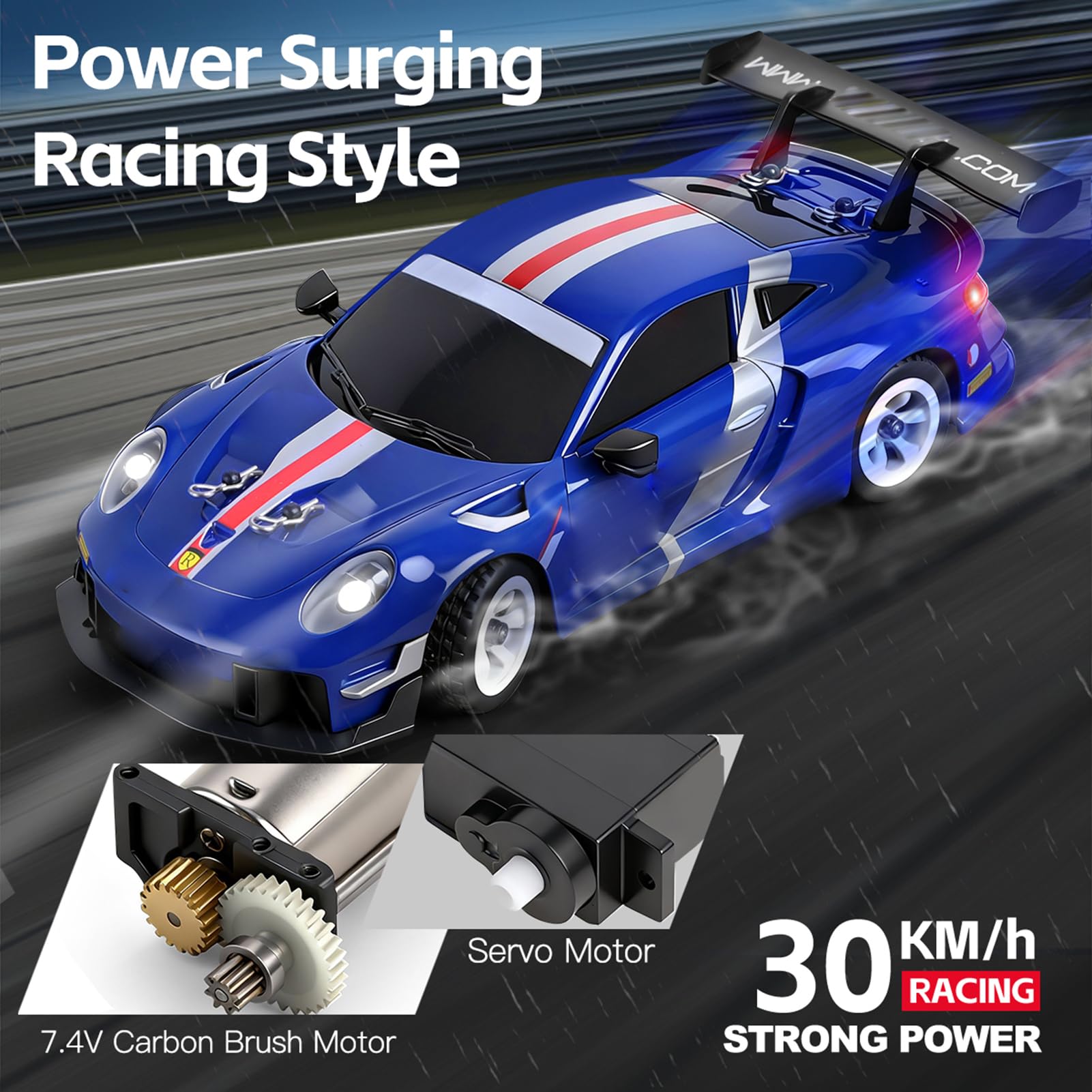 Zdalnie sterowany samochód, 1:28, 30 km/h, napęd na wszystkie koła, z oświetleniem LED i żyroskopem, RC Drift Car