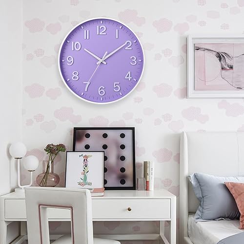 Miniatura 2 de HZDHCLH Relojes de Pared Morados Operados con Batería, 12 pulgadas Silenciosos Sin Tictac Reloj de Pared Moderno para Sala de Estar Dormitorio