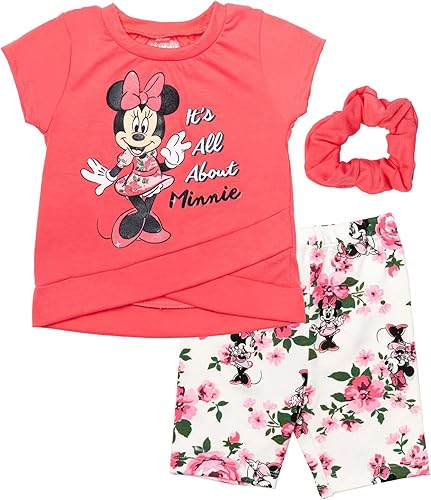 Disney Frozen Minnie Mouse Little Mermaid Elsa Princess Anna Peplum T-Shirt Shorts & Scrunchie 3 Pc Set Infant to Big Kid