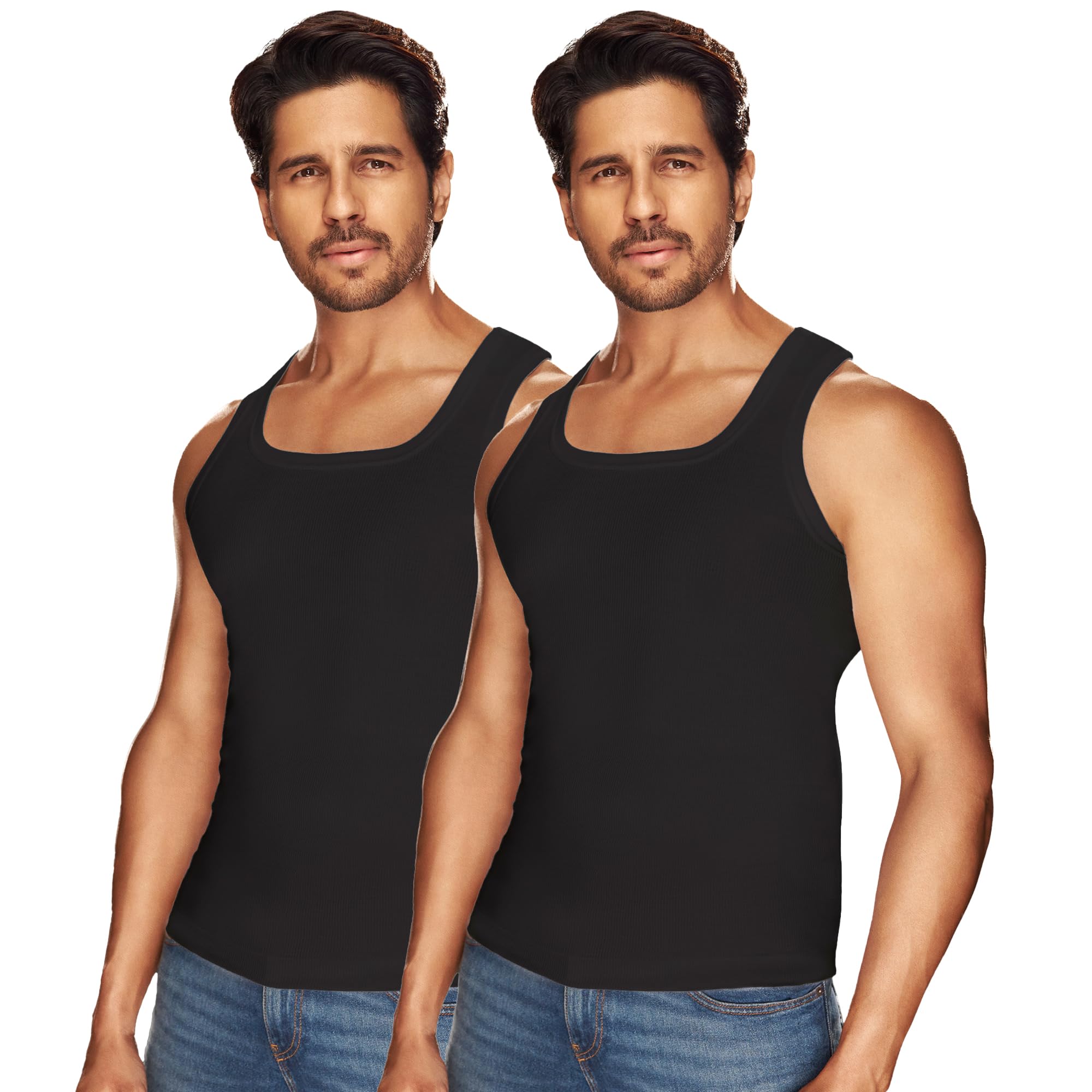 sporto Men's 100% Combed Cotton Sleeveless Vest | Solid Round Neck Tank Top Innerwear | Itch-Free, Soft & Comfortable Regular Fit Undershirt | Black Derby Vest | Pack of 2-picture-25