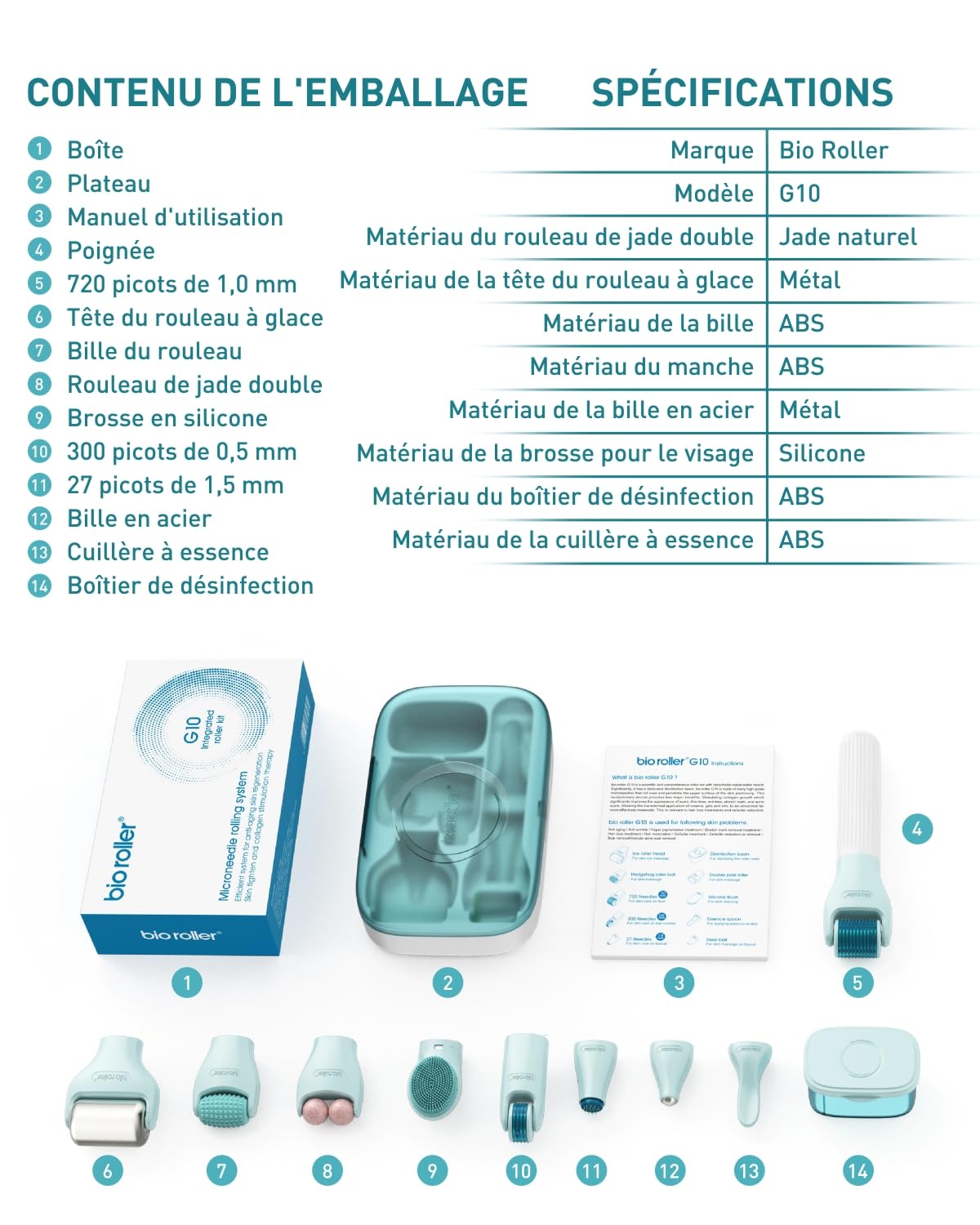 Derma Roller 0.5 mm, Kit Microneedling 10 in 1 pour le soin/massage/nettoyage de la peau, rouleau à barbe 720 aiguilles en titane, Pour les rides, les pores dilatés, les rides et les cicatrices G10