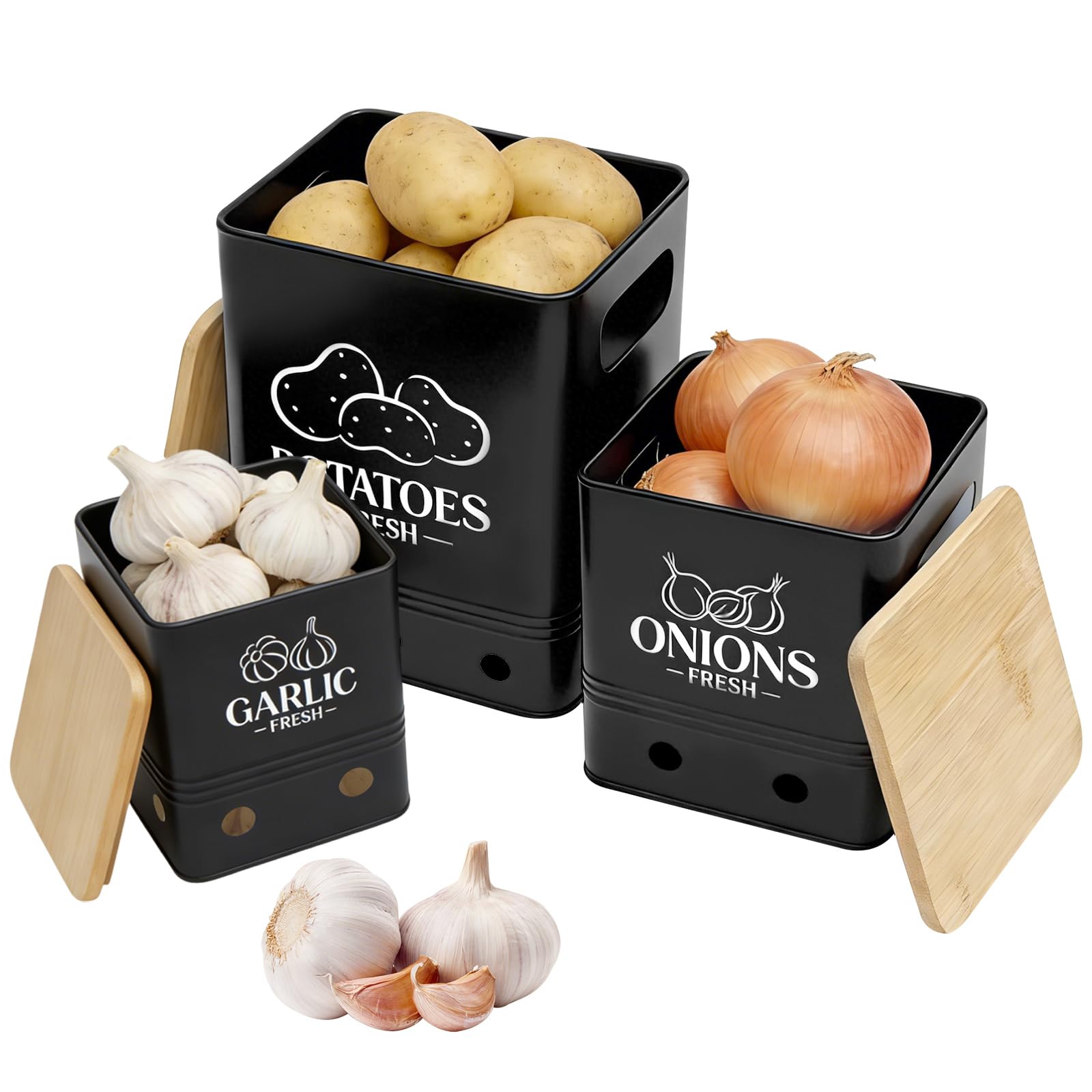 Anihet 3 Pcs Vegetable Storage Tins, Metal Onion Garlic Potato Storage Jars Set with Aerating Holes and Wooden Lid, Vegetable Fresh Keeper Containers for Kitchen Pantry(Black)
