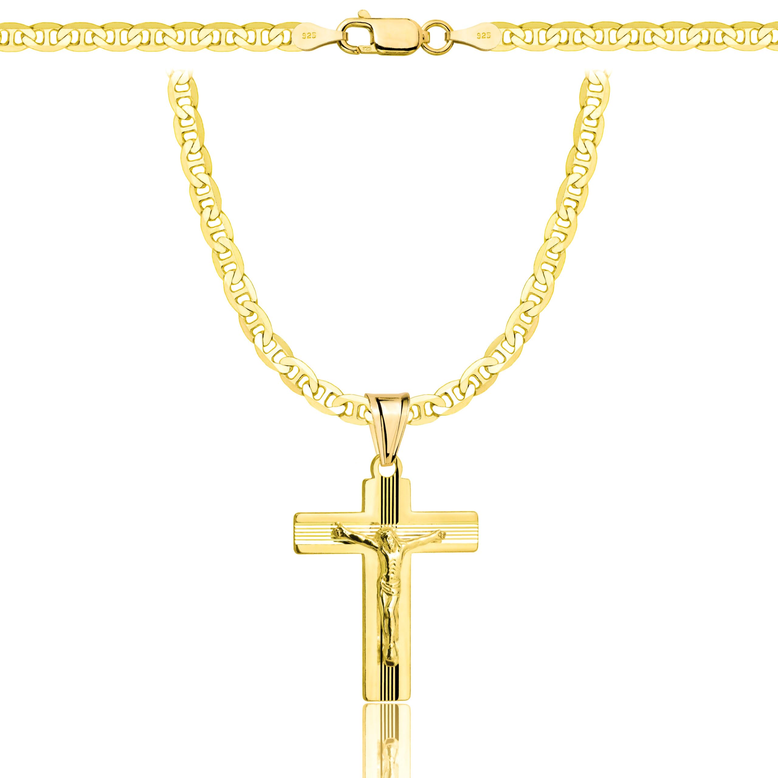 AMAR PRAGNA Gold Damen/Herren Kette mit einem 925/585 Kreuz, original geflochten, Breite 3,8 mm, Goldkette- Halskette, kreuz kette gold 585