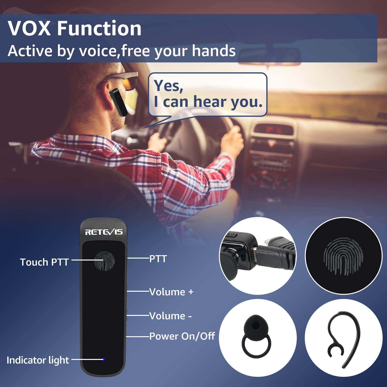 Retevis RB637 Walkie Talkies, Bluetooth Walkie Talkie con Auricolare, Portatile Ricaricabile, 2000mAh, VOX, Professionale Radio Ricetrasmittenti per Ristorante Hotel (Nero, 4Pz)