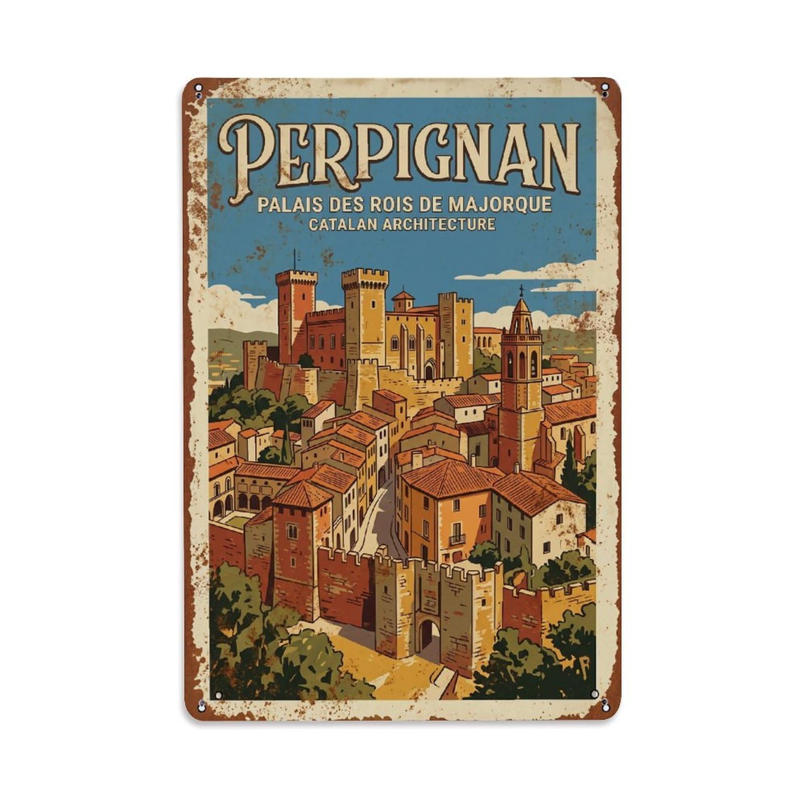 Cmhok Vintage Style Vintage Travel Perpignan France Metal Tin Sign Wall Decor For Cafe, Club, Garden Metal Poster 8X12inch