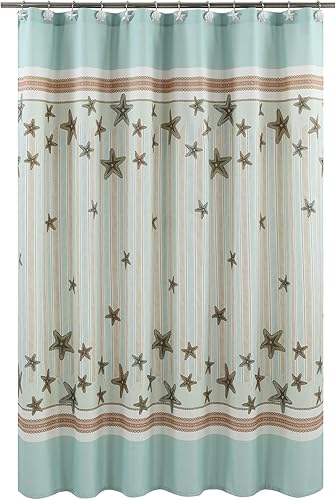 Miniatura 7 de Tremiti Aqua Ocean - Cortina de ducha de poliéster con estrellas de mar a rayas, impermeable, tela con estampado de mar, color verde, para baño, 72