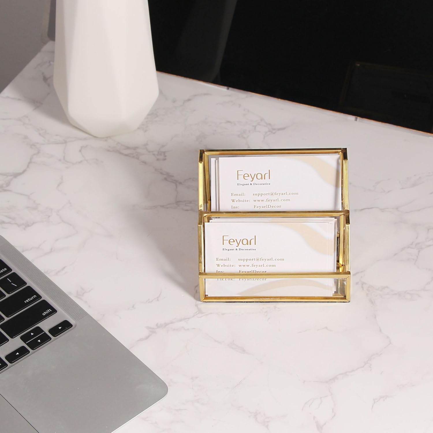 Feyarl Gold Glass Business Card Holder 2 Slots Name Cards Display Stand Business Cards Organizer Storage for Office Meeting Front Desktop Countertop
