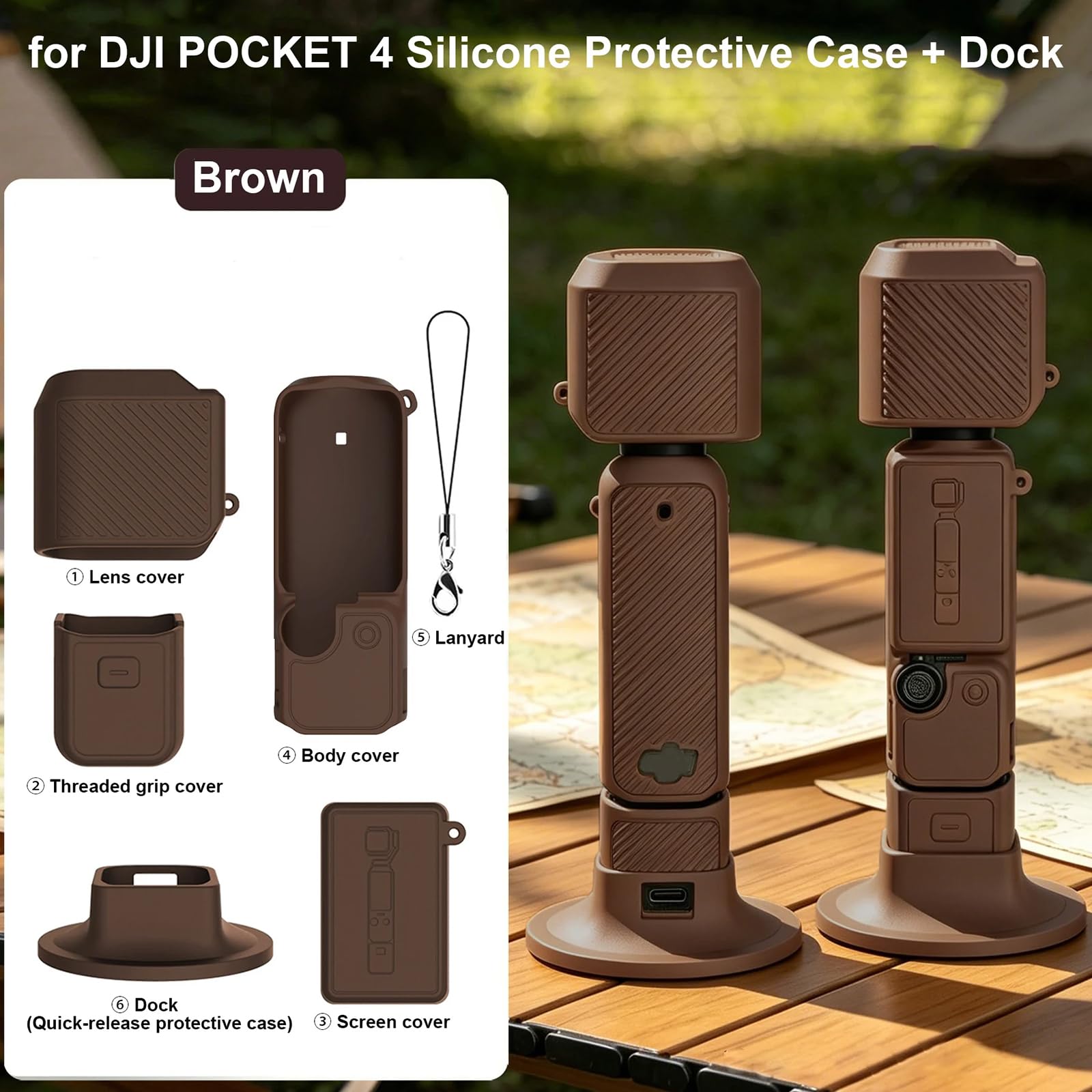 Étui en Silicone pour DJI Osmo Pocket 4, Étui de Protection avec Socle en Silicone et dragonne (Marron)