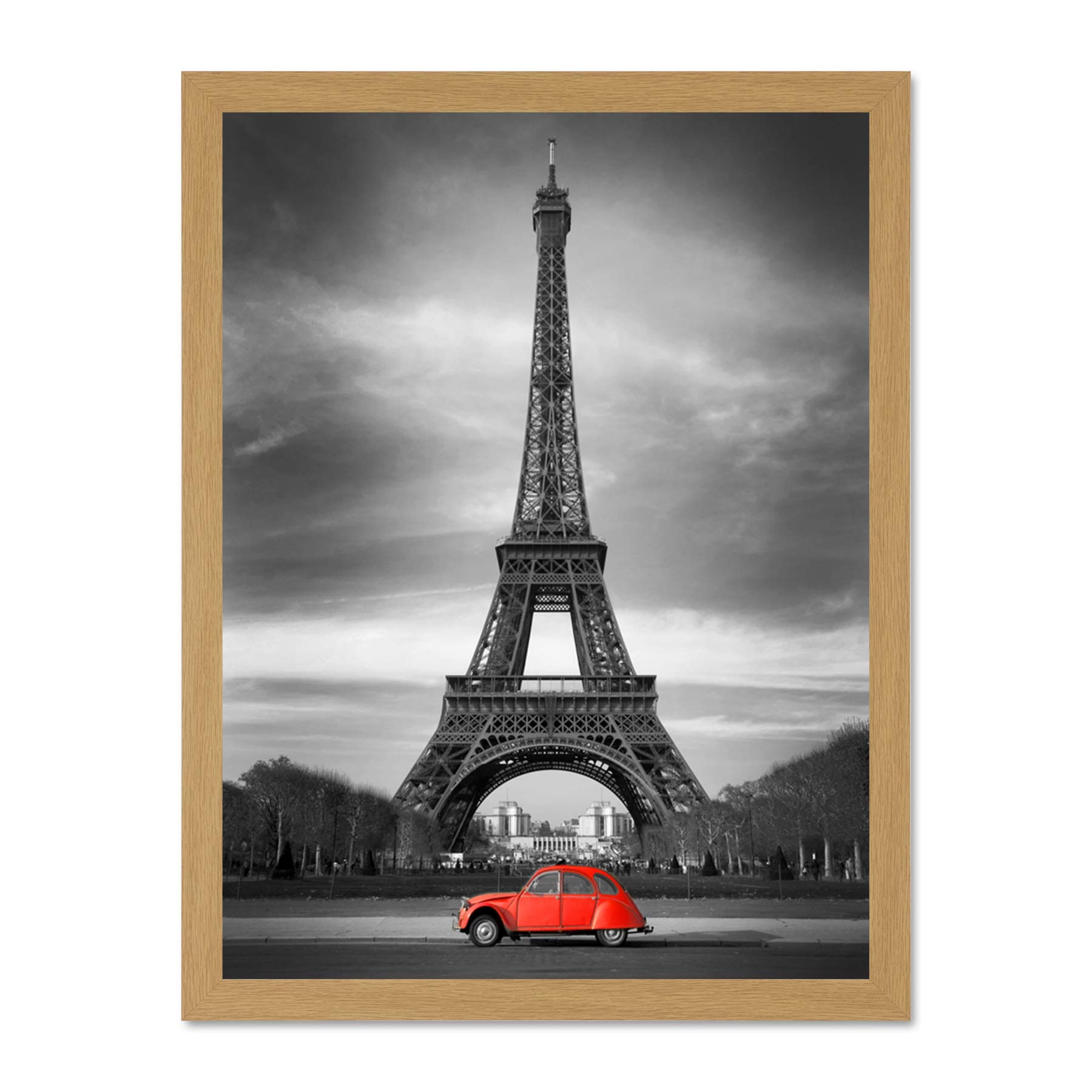 Eiffel Tower In Paris Red Car Large Framed Art Print Wall Poster 18x24 inch