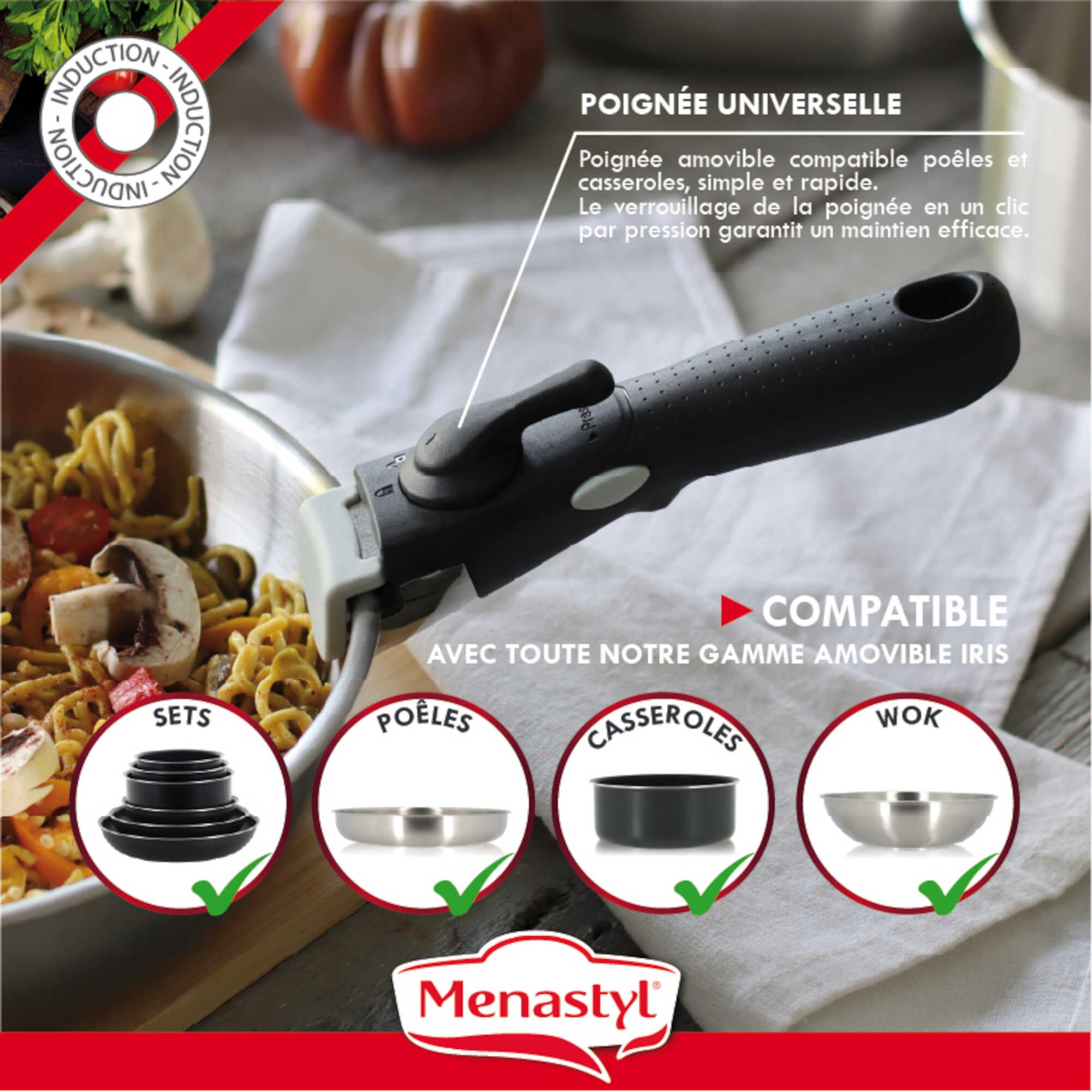 MENASTYL - Set de 8 pièces IRIS - 1 casserole 20cm + 2 poêles 24/28cm + 1 couvercle 20cm + 1 poignée amovible + 1 cuillère + 2 spatules ajourées - Compatible tous feux dont induction - 6020450