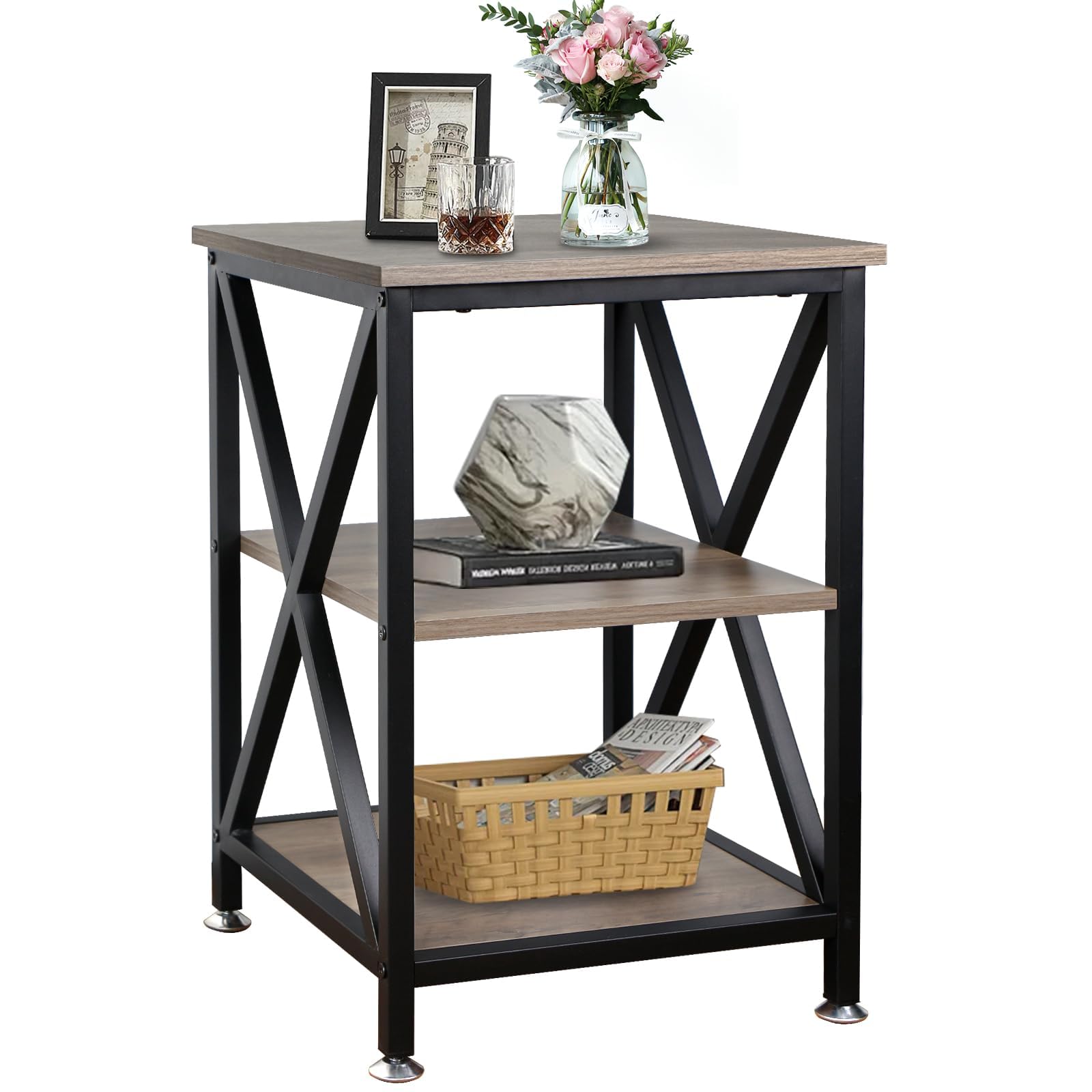 TooCust Square End Table with Storage Shelf, 16" D X 16" W X 24" H, 3-Tier End Table Living Room, Rustic Brown End Tables, X-Shaped Night Stand for