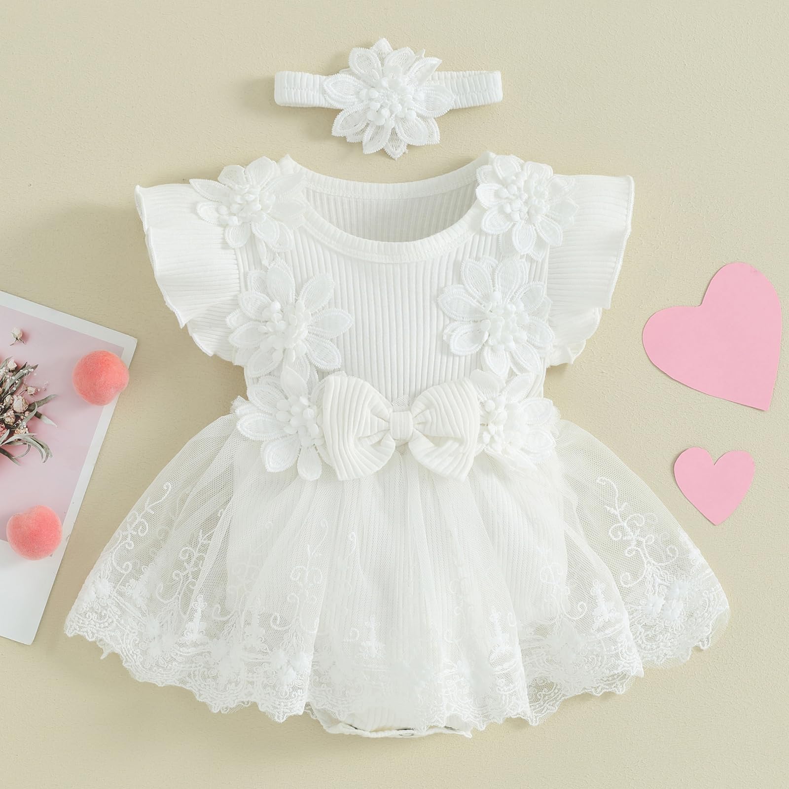Little Princess Birthday Party Dress Embroidery Flower Lace Tutu Romper Dress Infant Baby Girl Clothes Outfits (Lace White, 12-18 Months)