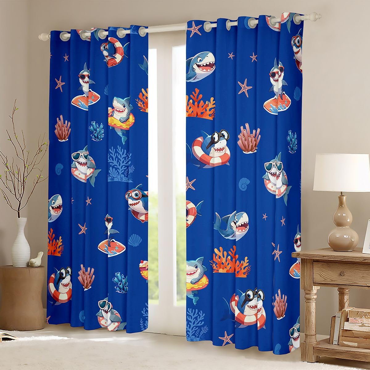Homemissing Tende oscuranti per camera da letto e soggiorno, motivo squalo in stile cartone animato, tende oscuranti con animali marini, 2 pannelli, 167,6 x 228,6 cm, decorazione per la stanza