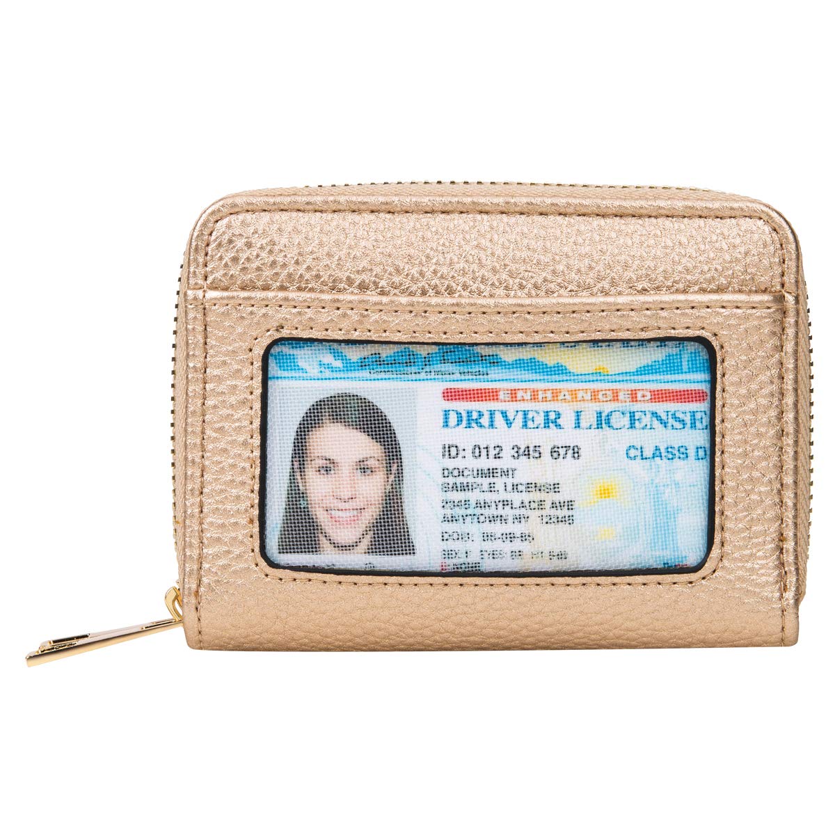 Heaye Card Case Women Wallet Holder RFID with ID Window Zipper Small Gold