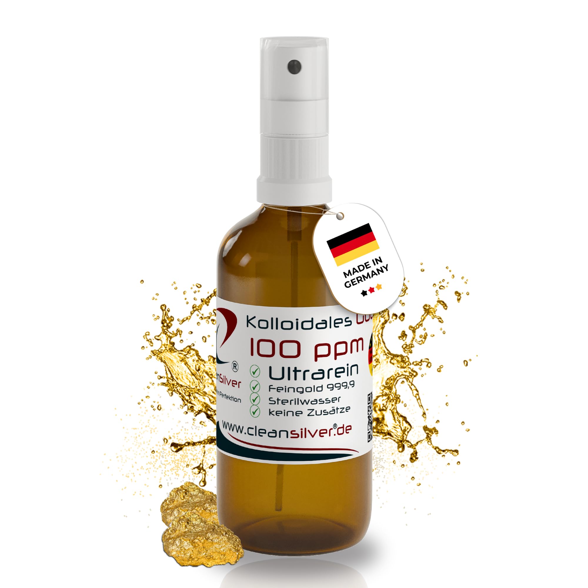 CleanSilver Kolloidales Gold 100 ppm 100ml Spray, Ultrarein: Sterilwasser und Feingold 99,99% - Made in Germany- Stets frische Herstellung - keine Lagerware!