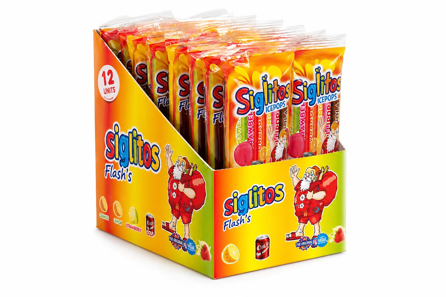 Siglitos Flash’s Ice Pops – Pack 12 Bolsas (144 Unidades) | Sabores Surtidos Frutales y Cola | Helados Tipo Flash Refrescantes para Fiestas, Verano y Negocio