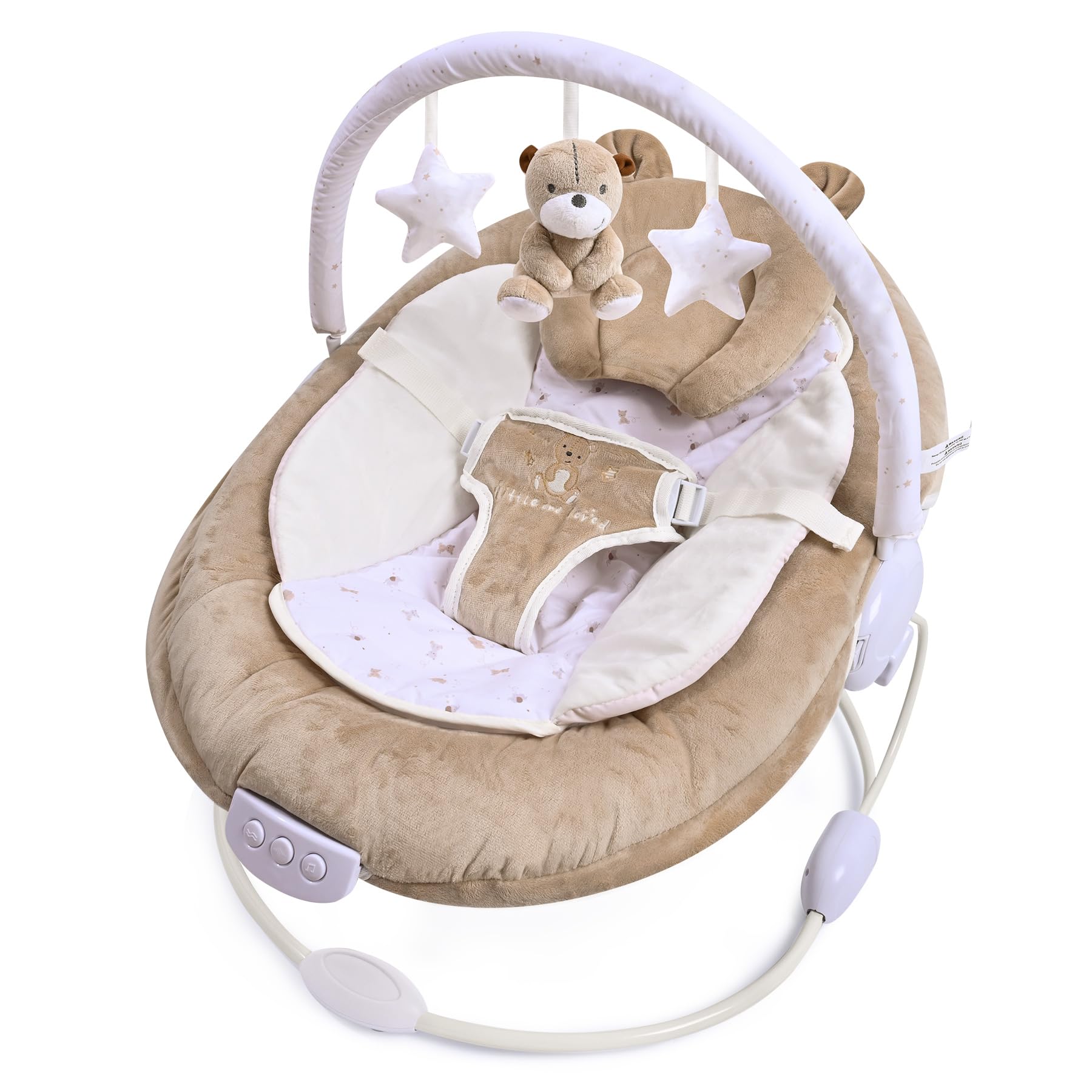 LADIDA Transat pour bébé rembourré en peluche avec vibrations et mélodies apaisantes, bruit blanc, barres de jouets amovibles avec jouets mignons 0m+ Marron (078)