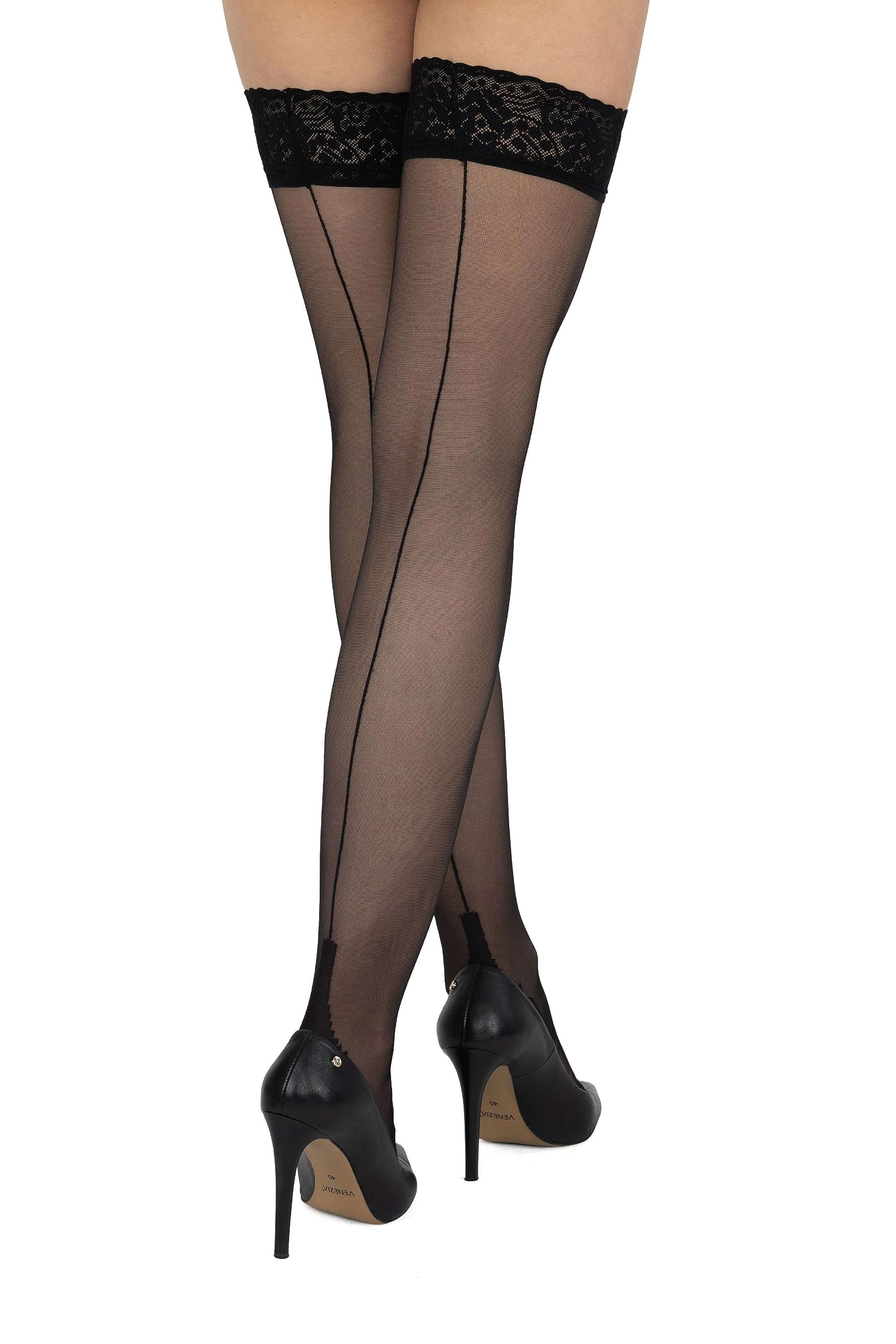 Looksy Women's Nero ’S Back Seamed Hold Ups Thigh-High 20 Den Self-Supporting Stockings Evening & Sexy Style Lace Band Lingerie Tentazione, Xs/S