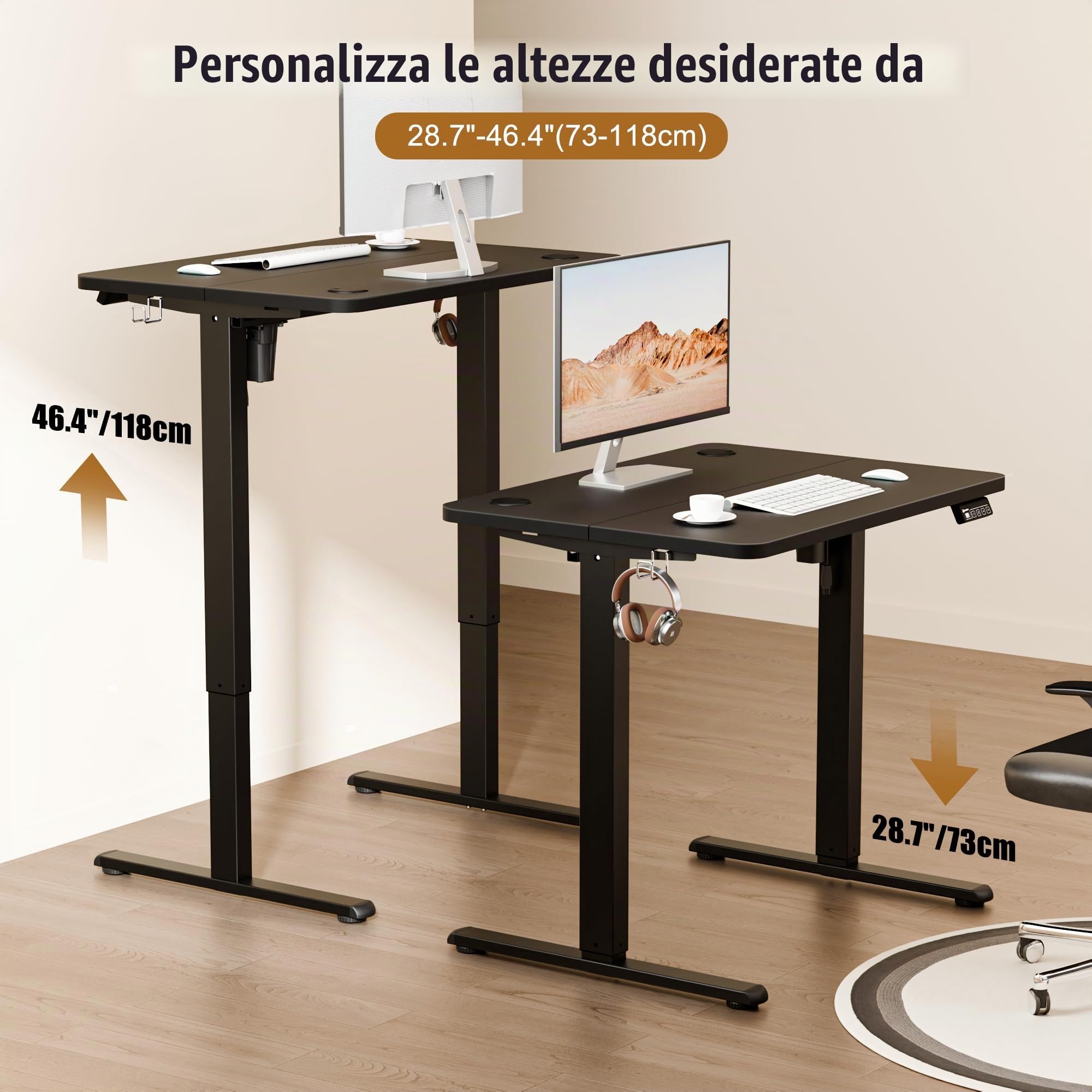 ERGOMAKER Scrivania elettrica regolabile in altezza, 80 × 60 cm, piccola scrivania con piano in 2 pezzi, scrivania regolabile in altezza per casa, ufficio, nero (telaio + tavolo)