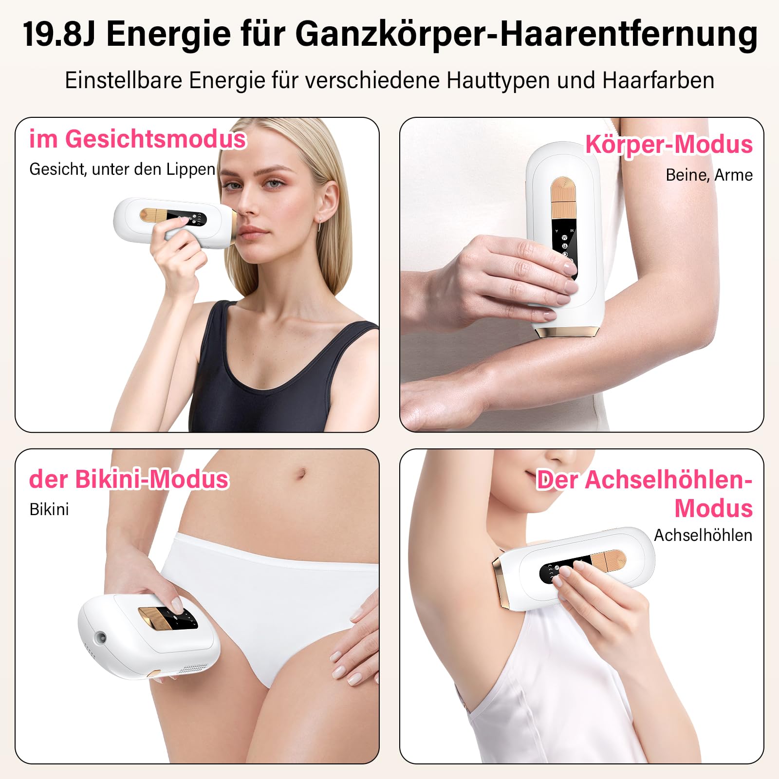 IPL Geräte Haarentfernung Laser 600-1200nm Wellenlänge 0,2s Schneller Blitz 4 Funktionen 5 Energiestufen Weiß