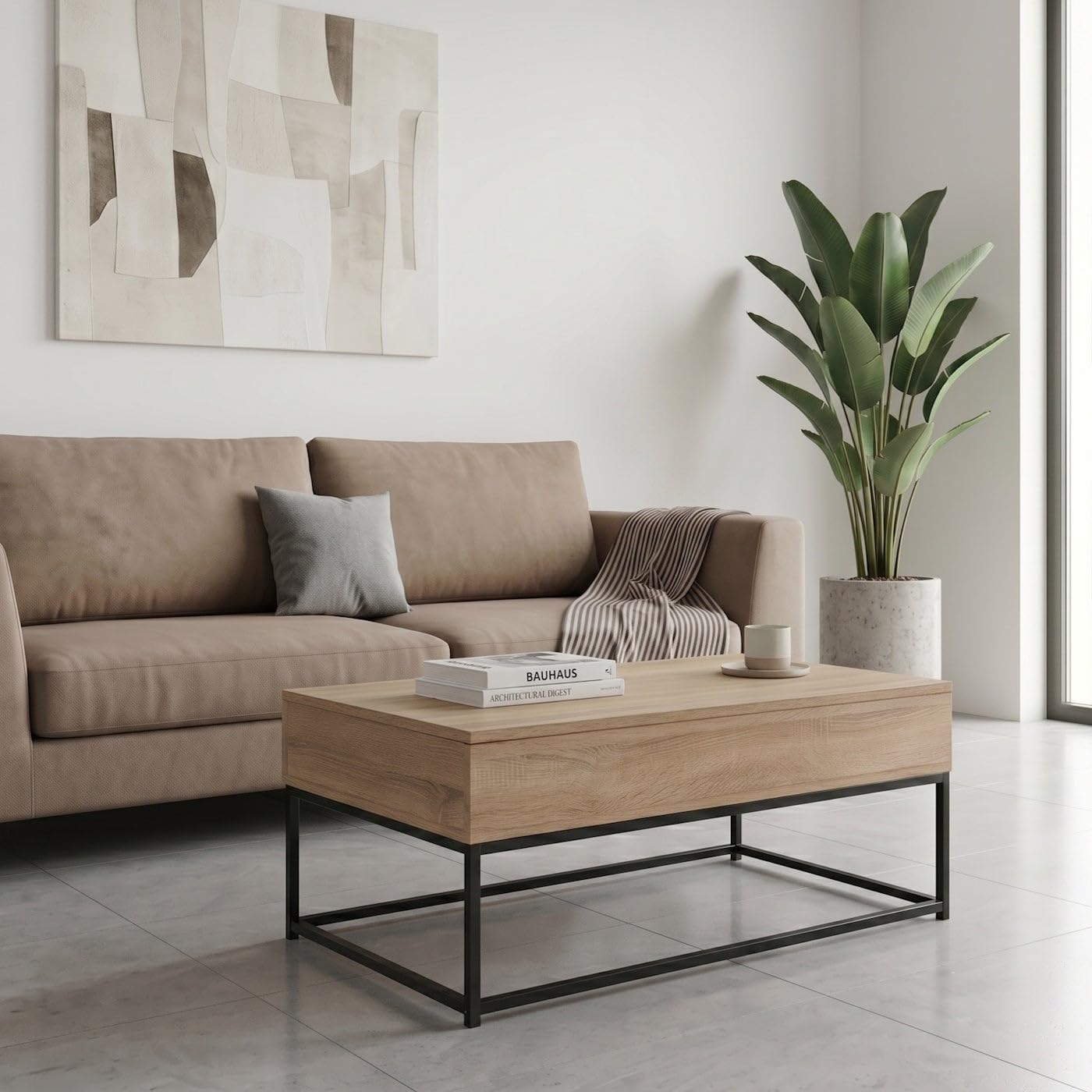 Mesa de centro elevable Urban metal negro y tablero roble de 100x55x40/53cm | Colección Urban. Mesa auxliar rectangular con espacio de almacenaje. Altura variable de 40 a 53 cm. Requiere montaje