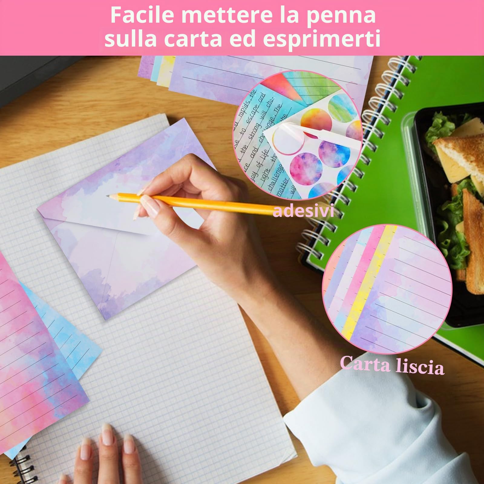 Carta da Lettere con Busta Set 160 Pz, Buste Colorate per Lettere Acquerellabili, Include 60 Adesivi