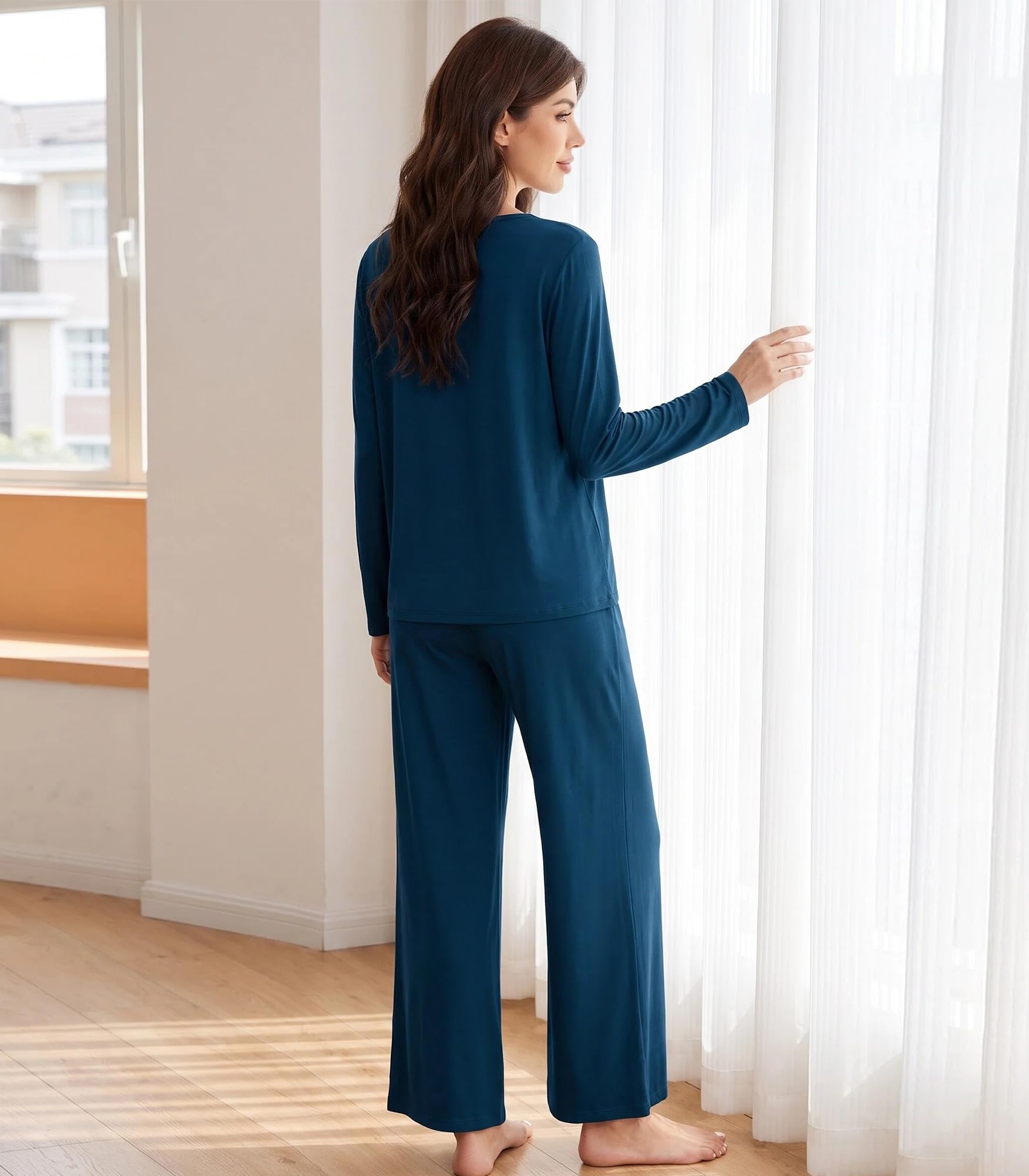 WiWi Bamboo Viscose Pajama Set for Women Soft Long Sleeve Top with Pants Sleepwear 2 Piece Pjs Sets Sleepwear S-XXL