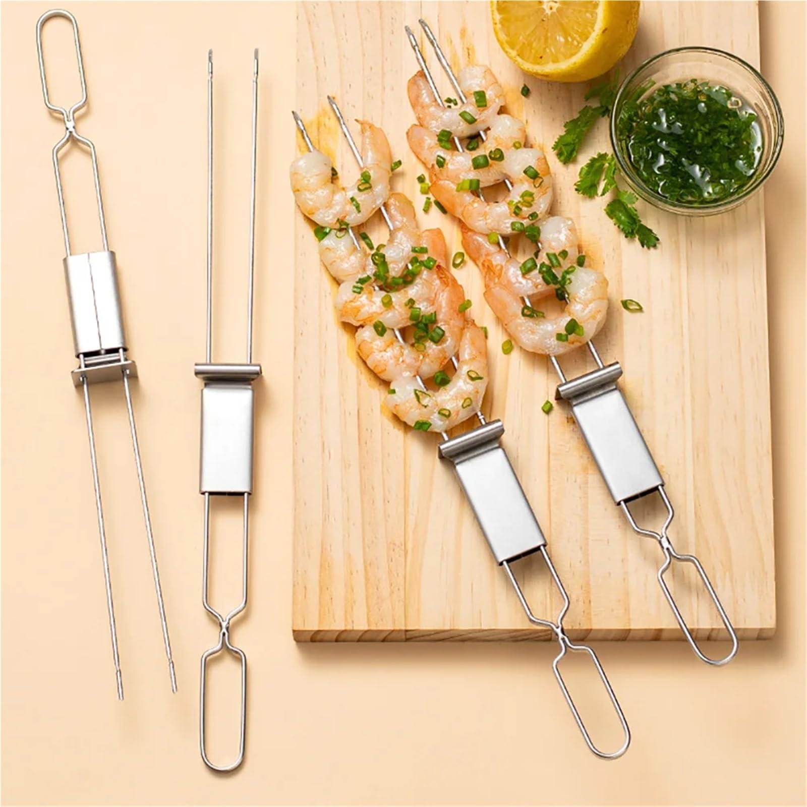 6Pcs Barbecue Grill Forchetta In Acciaio Inox Semi-Automatico Doppia Testa Spiedini In Metallo Portatile BBQ Campeggio Picnic Grilling