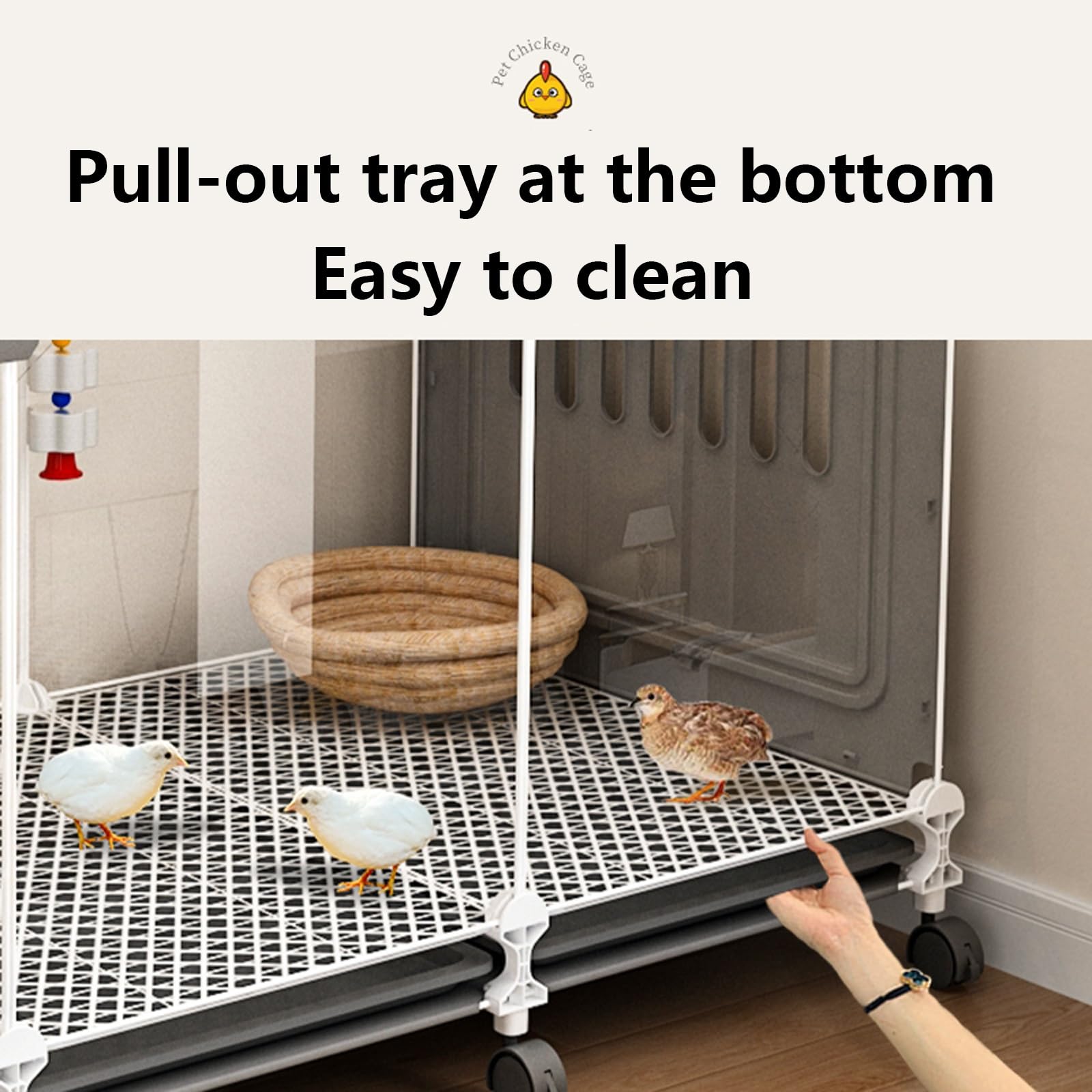 Jaula para Pollos Transparente con Bandeja Deslizante y Ruedas | Jaula para Codornices, Jaula Portátil para Conejos Rutin Chicken Coops con Almohadillas(Black,107*37*45cm)