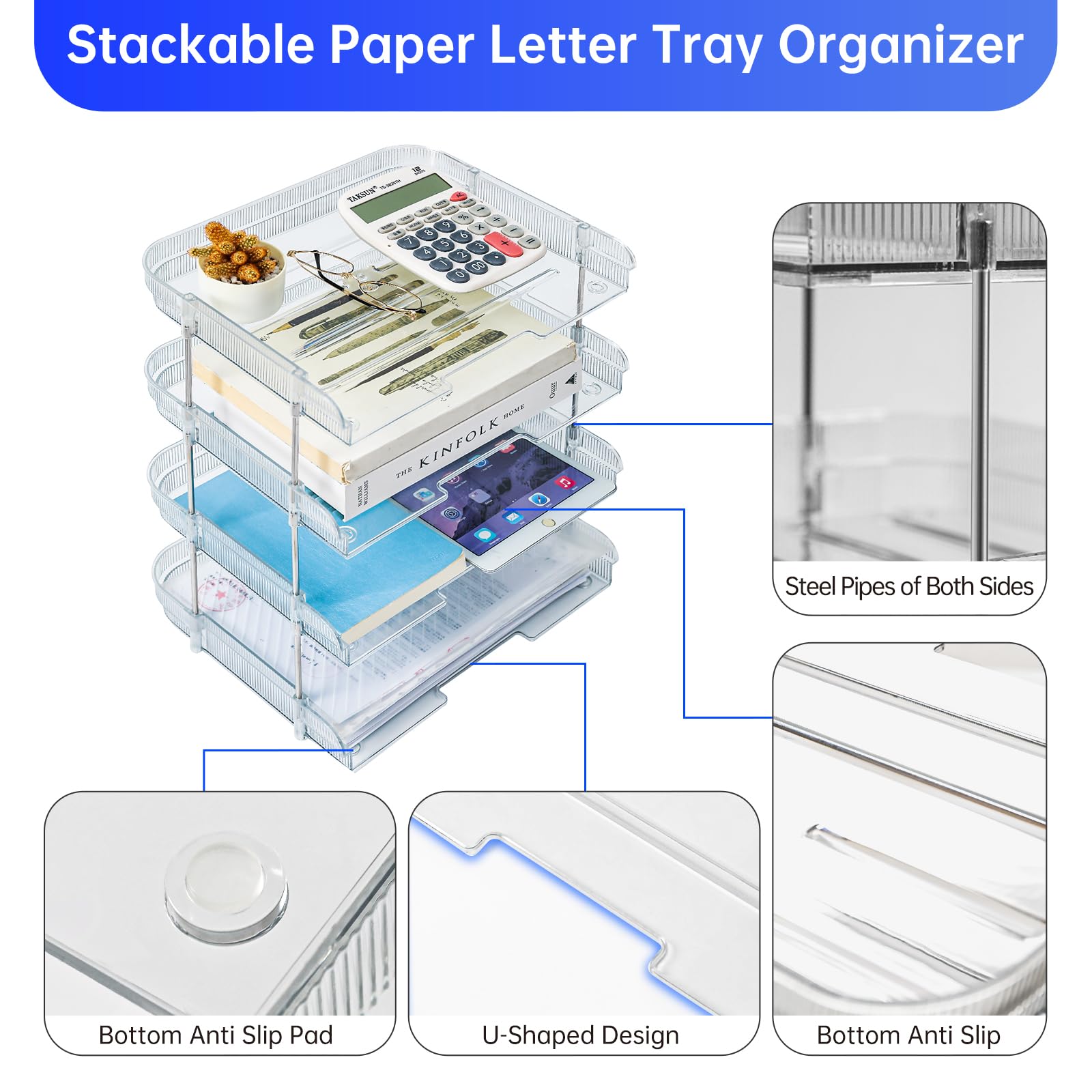 Organizador de escritorio transparente, organizador de archivos PET de 4 niveles, organizador de bandeja de papel apilable para suministros de oficina, papel de archivo, carta, archivo de