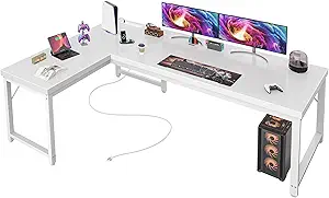 Huuger 63 Inch L Shaped Desk with Power Outlets and USB-C Port, Reversible Computer, Larger Office Corner Gaming Desk, 0.95 Inch Thicker Desktop, Metal Frame, for Home Office, Study, White