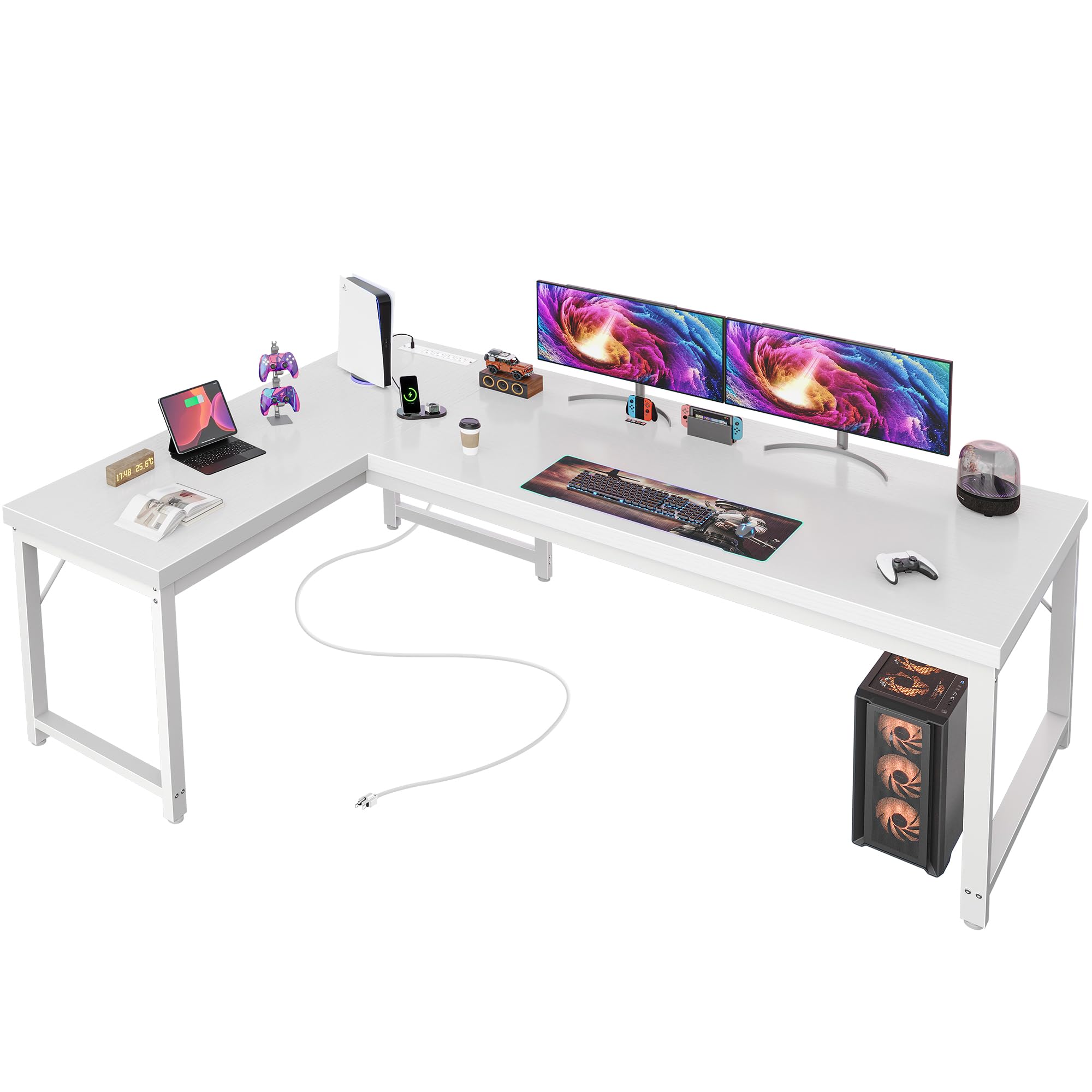 Huuger 63 Inch L Shaped Desk with Power Outlets and USB-C Port, Reversible Computer, Larger Office Corner Gaming Desk, 0.95 Inch Thicker Desktop, Metal Frame, for Home Office, Study, White