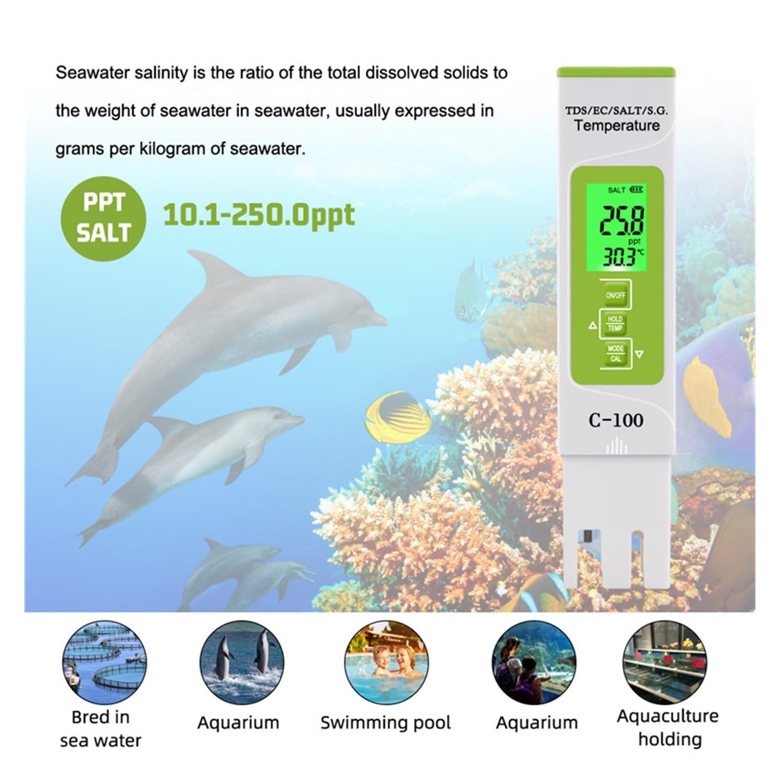 Tester per Acqua, 5 in 1 TDS/EC/Salinità/SG/Temperatura del Sale Misuratore Digitale di qualità Acqua di Mare for Piscine Acqua Potabile Acquario per Rubinetto, Acquario(No Backlight)