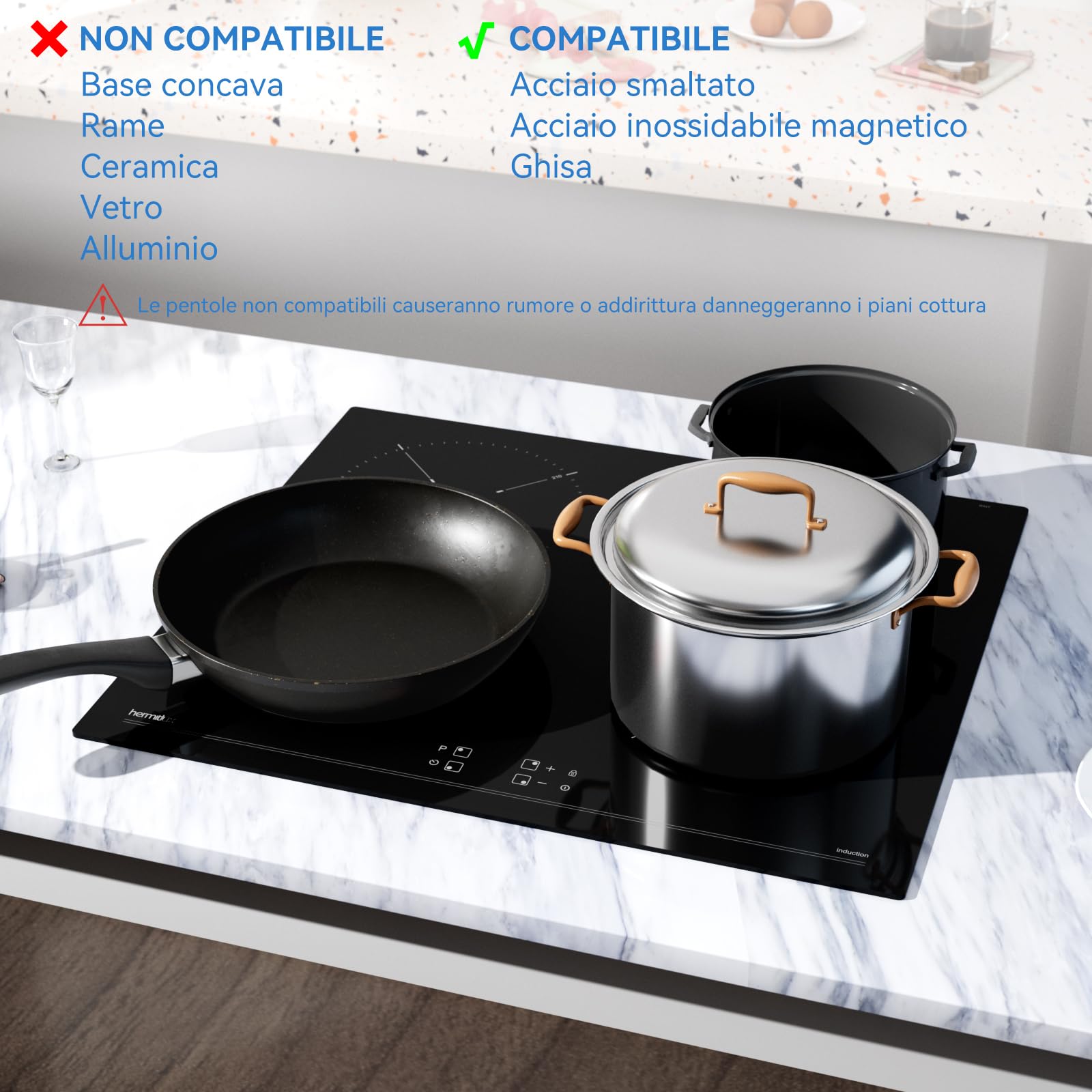 Hermitlux Piano Cottura a Induzione 4 Fuochi 60cm, 7200 W Piastra Induzione con Comandi Touch, Blocco Sicurezza e Timer Elettronico, Nero