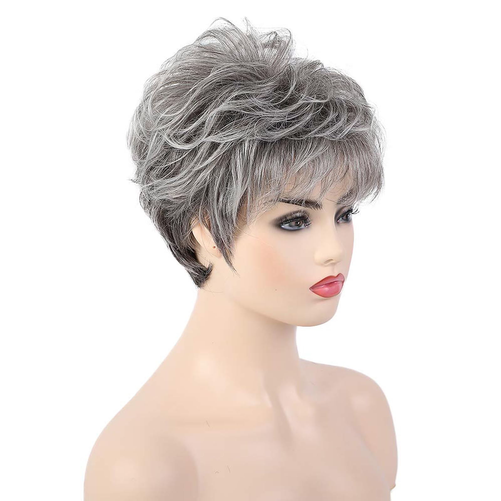 HAIRCUBE Kurze Lockige Graue Perücken für Frauen, Pixie Cut Perücke, graue, pflegeleichte Echthaarperücken für Frauen
