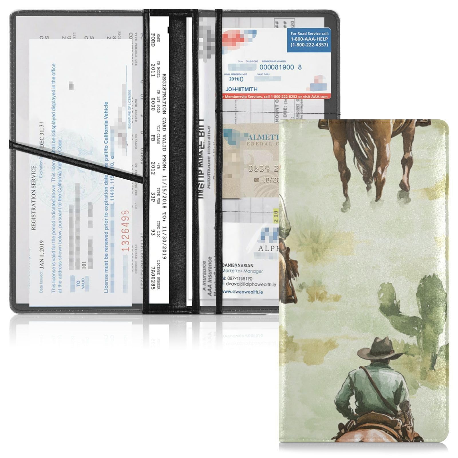 Leather Car Registration & Insurance Card Holder Men Women Essential Wallet Case for Essential Document, Driver License, Cards Western Cowboy Horse