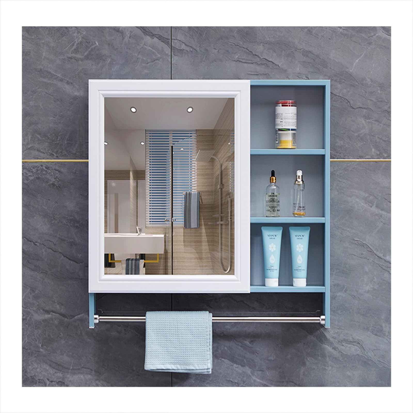 FLYIODFCXV bathroom mirror cabinet, Suitable for Homes, Hotels, Apartments, Rental Houses, Dormitories, Etc(Blue,68 * 70cm/26.7 * 27.5in)