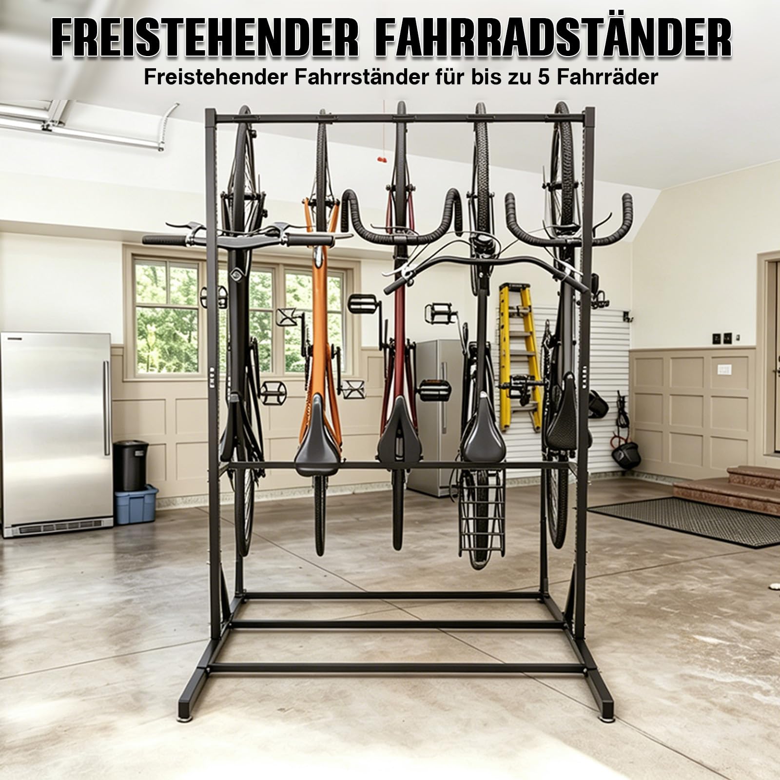 Freistehender Fahrradständer für 5 Fahrräder, 160KG Vertikaler Fahrradständer mit 5 Fahrradhaken & 6 Helmhaken, Metall Fahrradhalter für Garage Keller Fahrradgeschäft