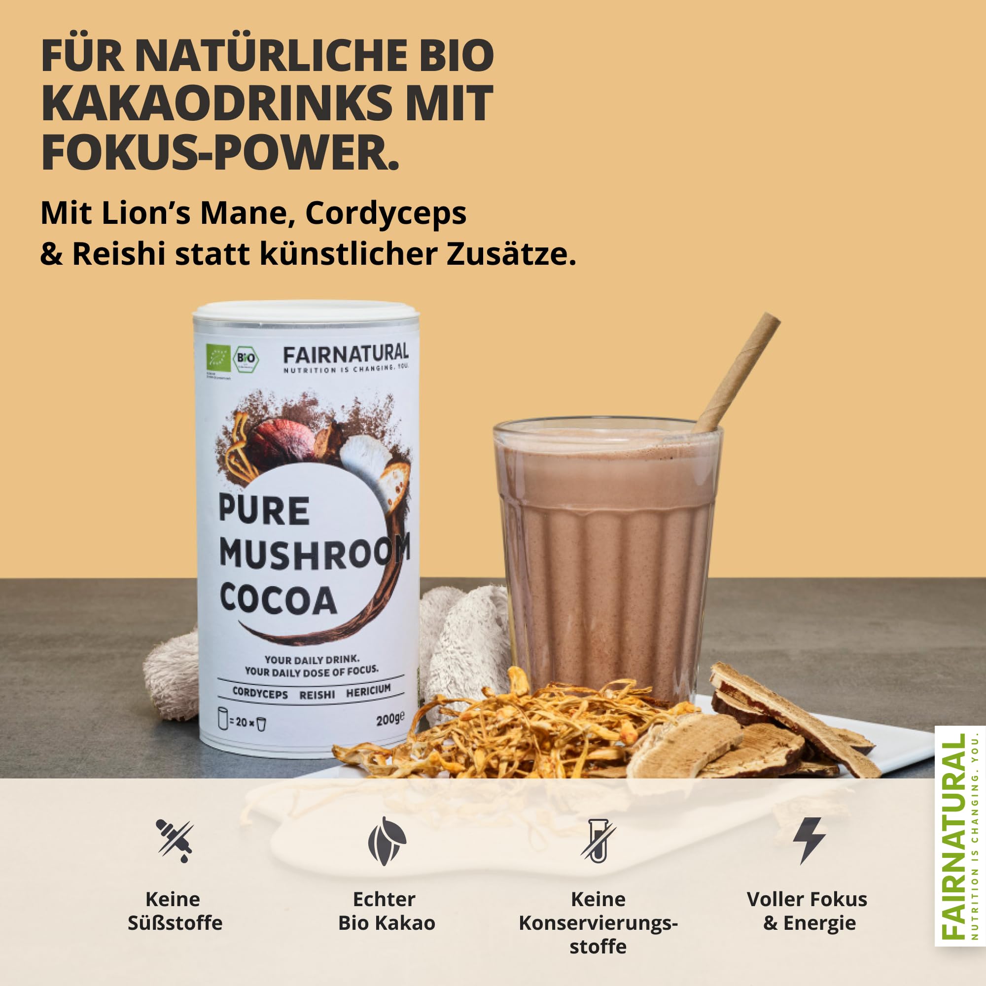 FAIRNATURAL® Pilz Kakaopulver Vegan [SCHOKO] - Mushroom Powder Komplex Hochdosiert - Pilzkaffe - Mushroom Coffee - Vitalpilze Kakao aus Reishi Extrakt, Hericium & Chaga Pilz - 3x20 Portionen (600g)