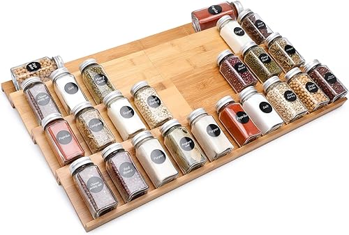 Organizador de cajones de especias de bambú, estante de especias de 4 niveles para cajón de gabinete expandible de 13 a 26 pulgadas, organizador de