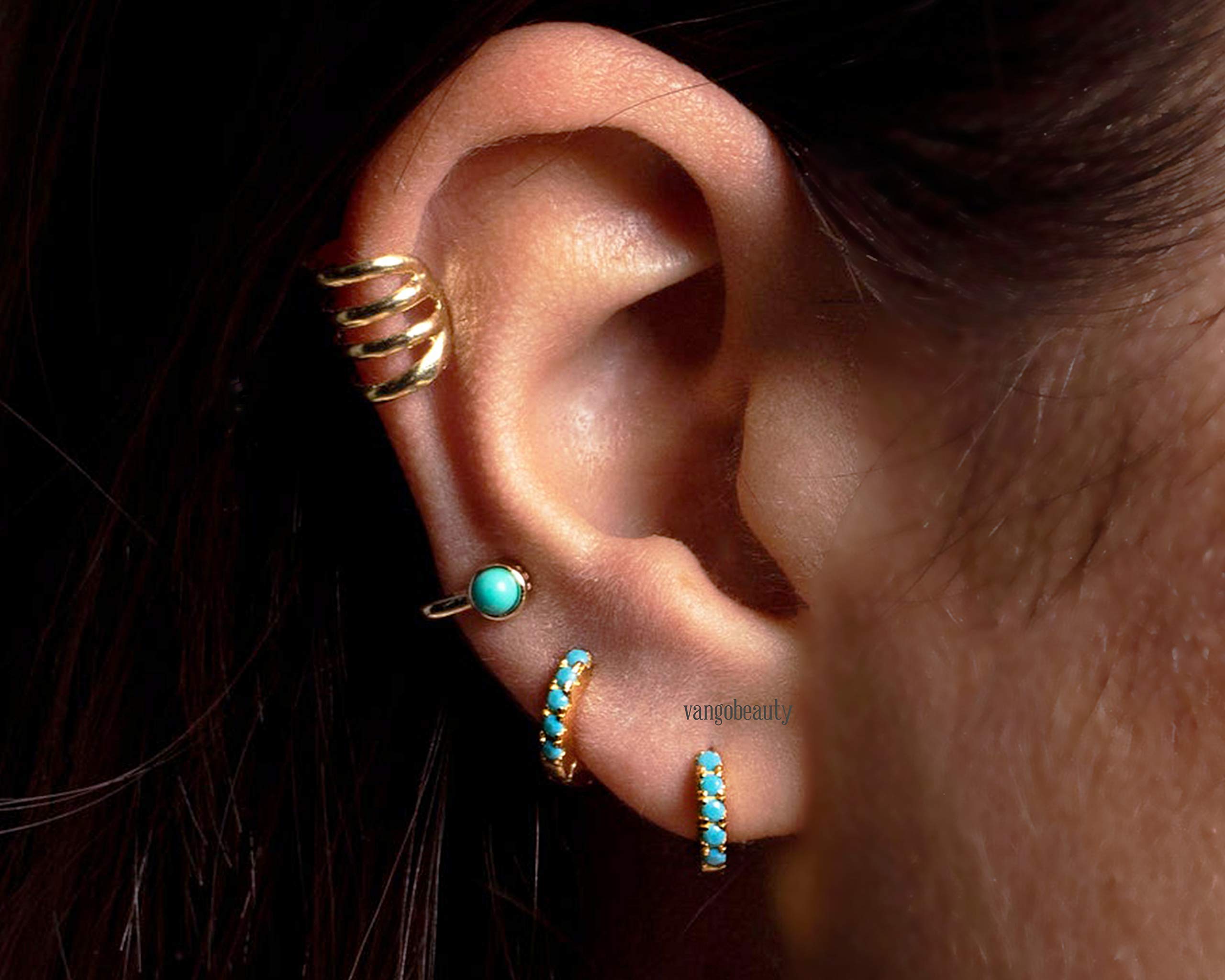 Tiny Double Sided Turquoise 8MM Huggie Hoops Handcrafted In USA Ship Within 24 hours