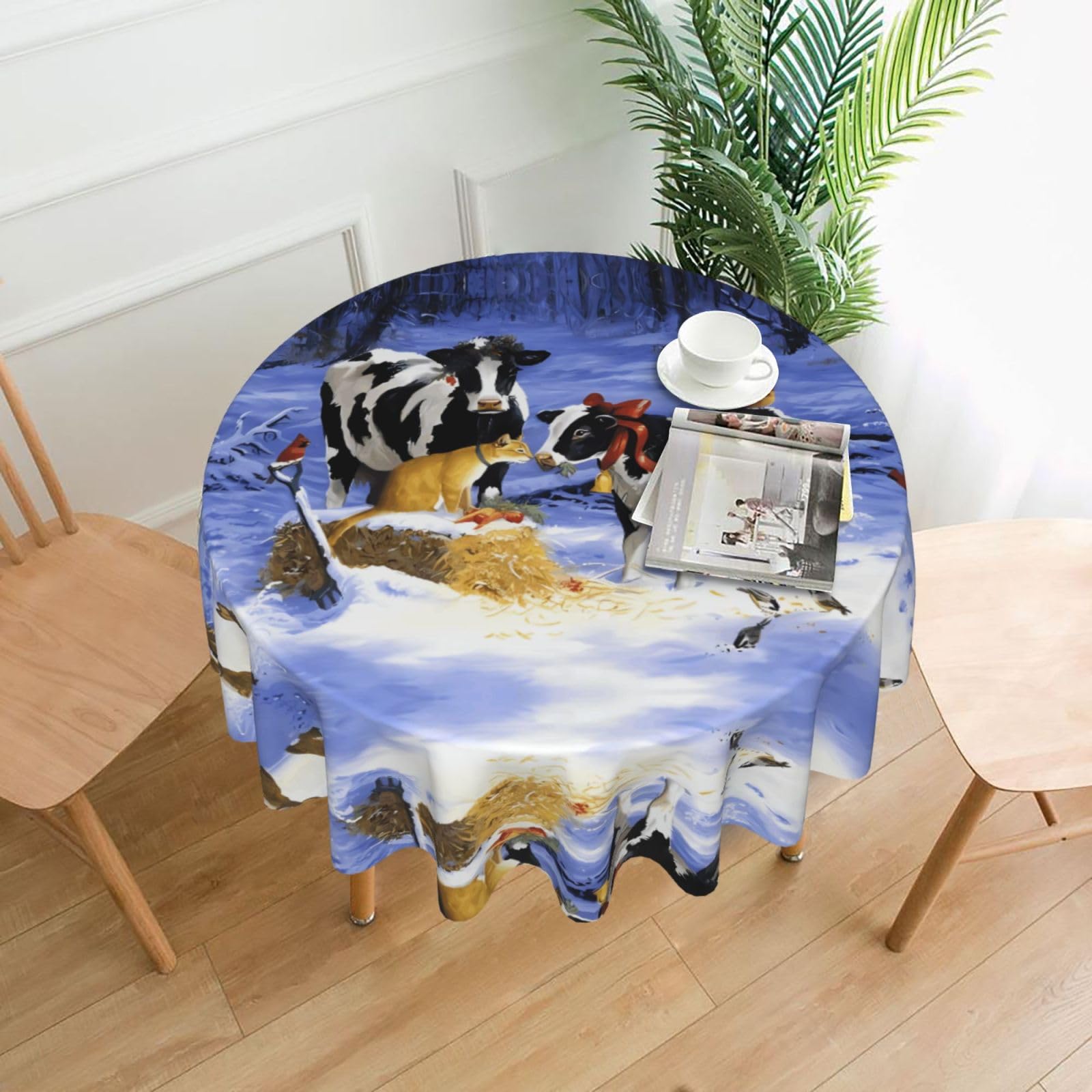 WHJSSF christmas snow Cow Prints Round Decorative Tablecloth 60in - Elevate Your Dining Experience with a Stylish & Protective Table Throw